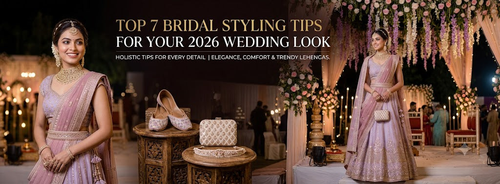 Elegant Indian bride wearing designer lehenga styled with kundan jewelry, floral hair accessories, and traditional bridal accessories for wedding look in 2026.