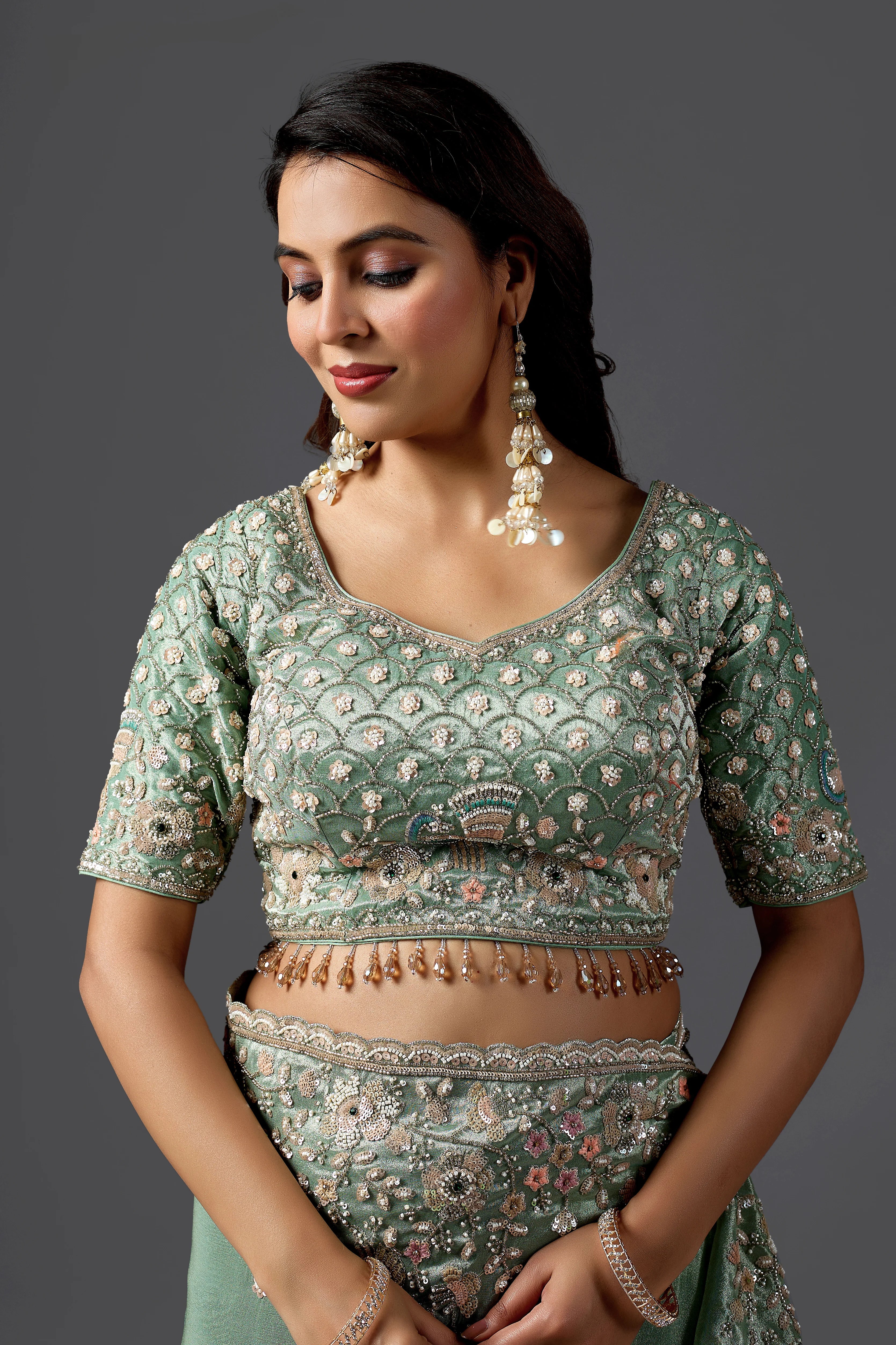 Mint Green Tissue Silk Saree With Heavy Handwork Border