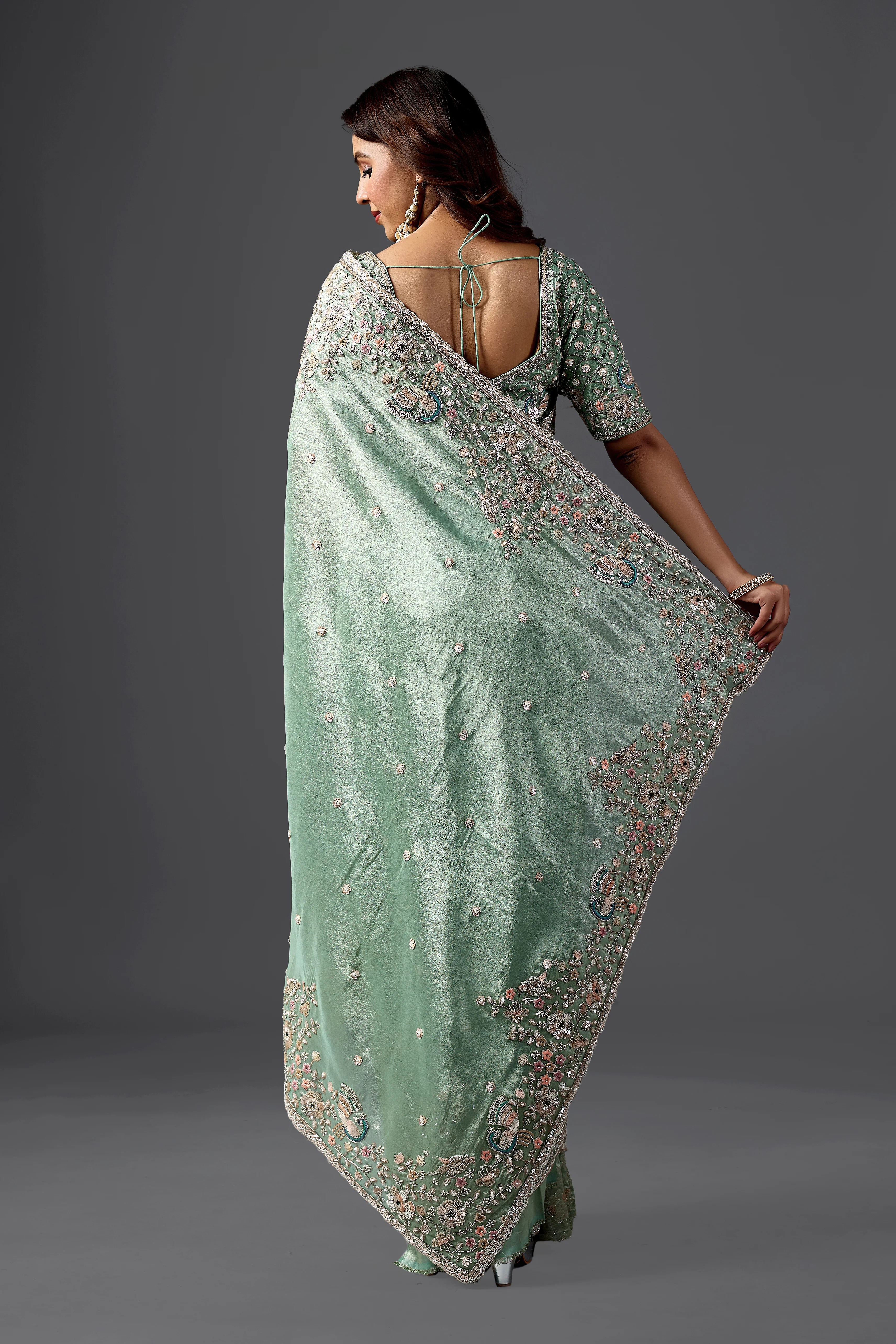 Mint Green Tissue Silk Saree With Heavy Handwork Border