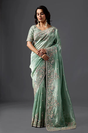 Mint Green Tissue Silk Saree With Heavy Handwork Border