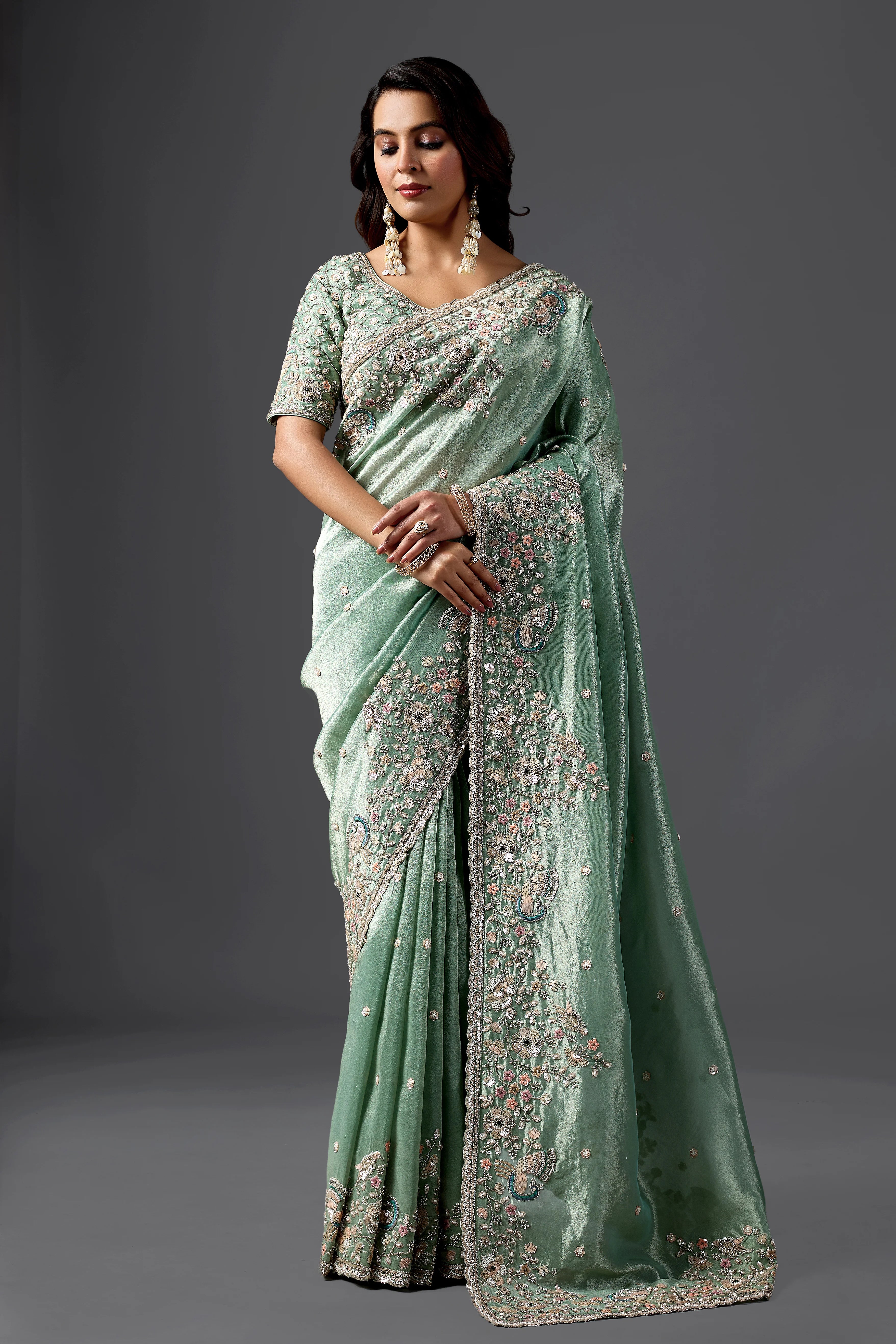 Mint Green Tissue Silk Saree With Heavy Handwork Border