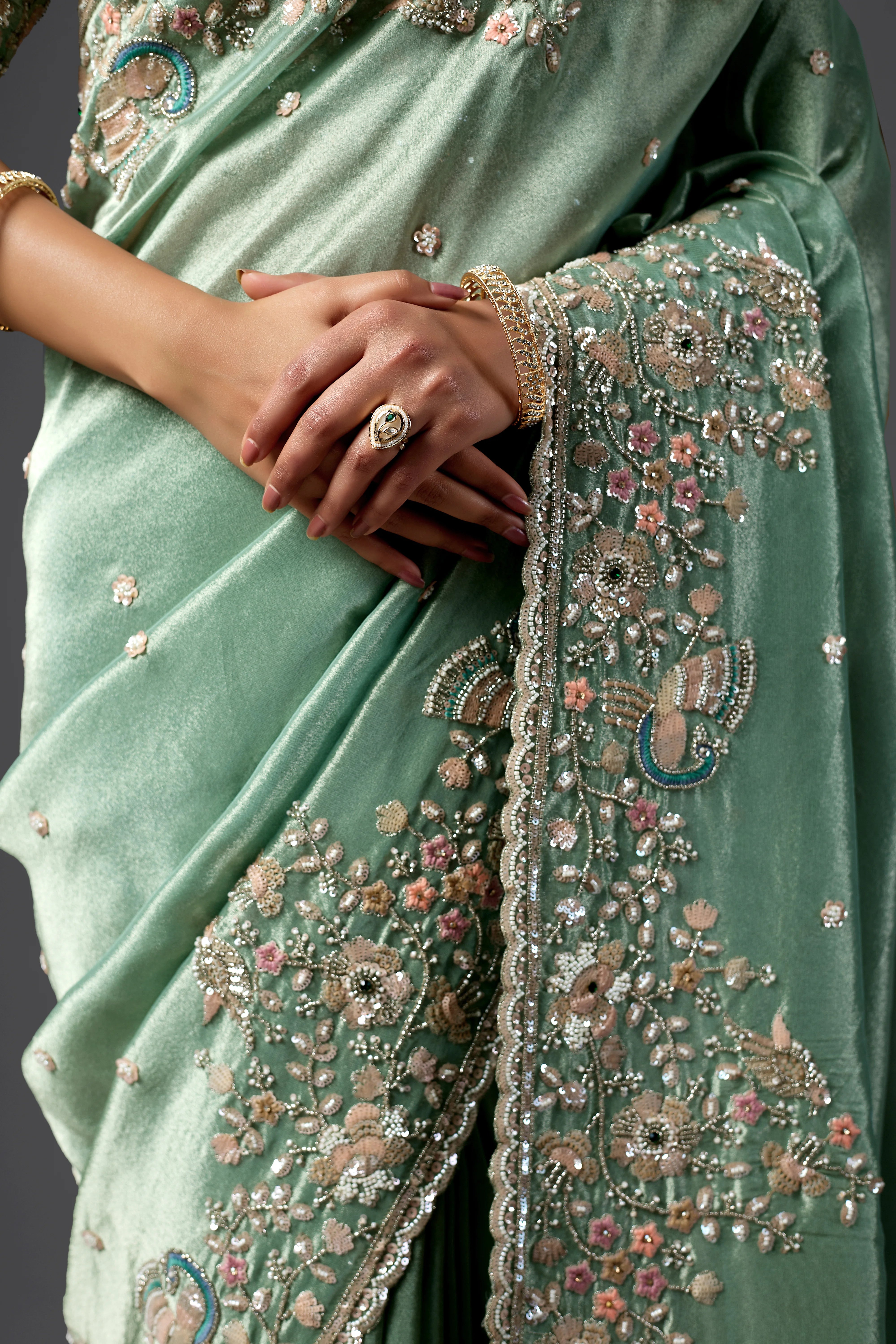 Mint Green Tissue Silk Saree With Heavy Handwork Border
