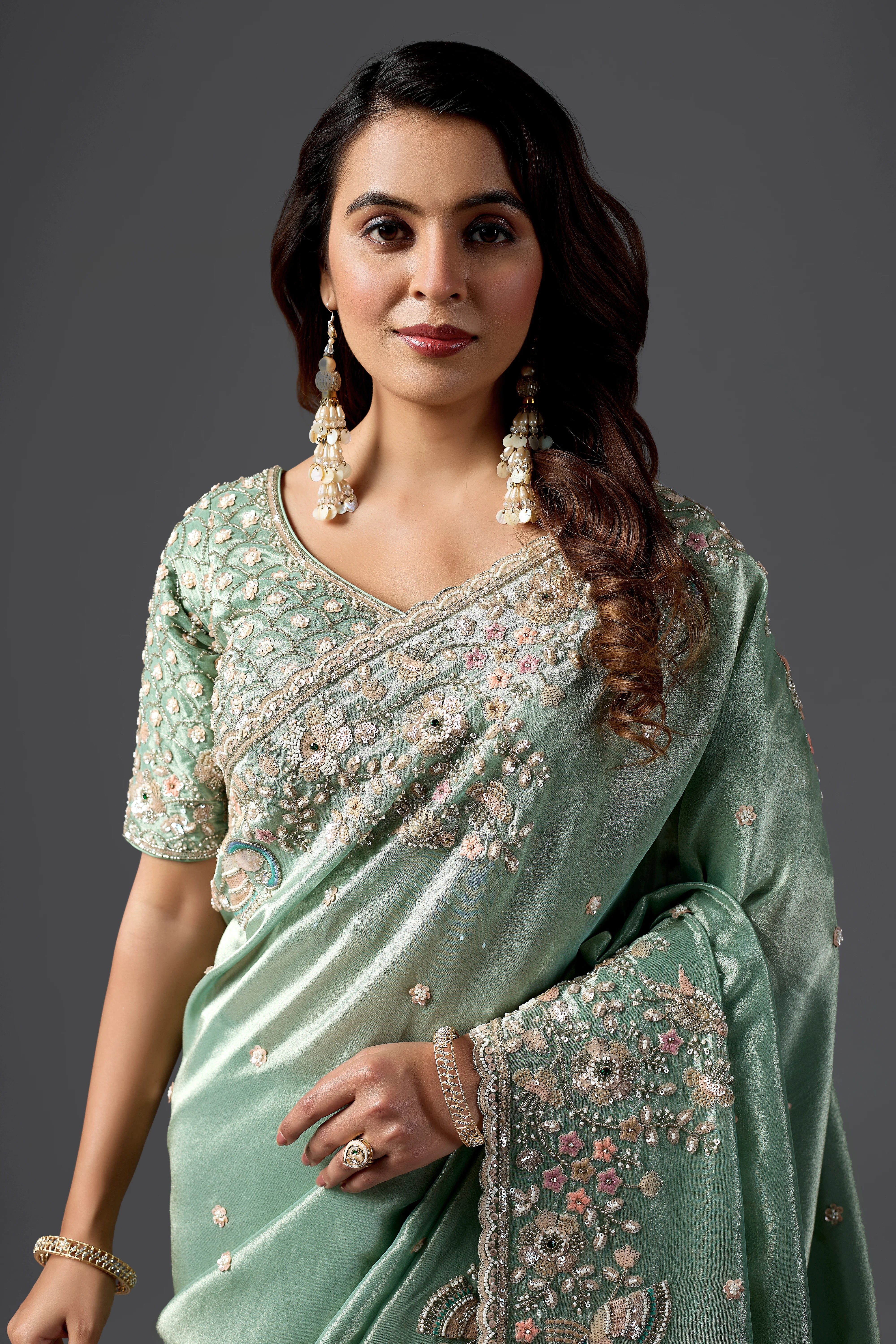 Mint Green Tissue Silk Saree With Heavy Handwork Border