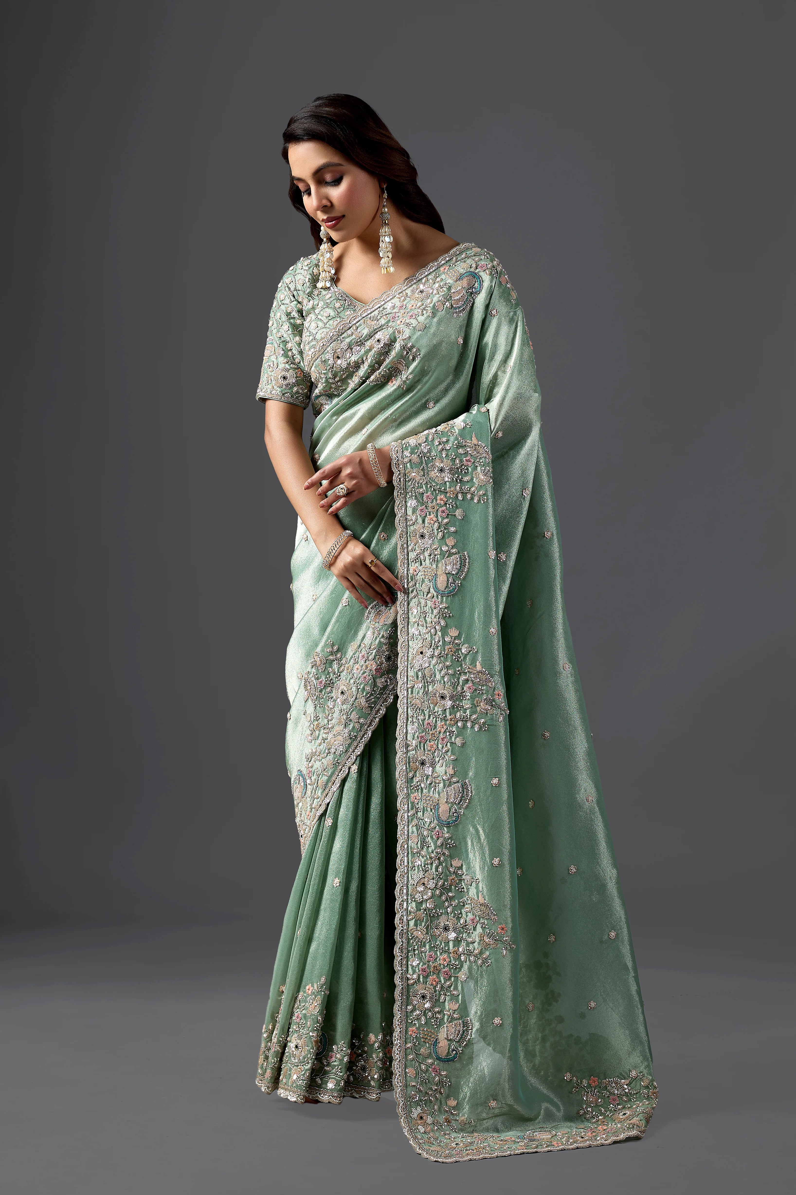 Mint Green Tissue Silk Saree With Heavy Handwork Border