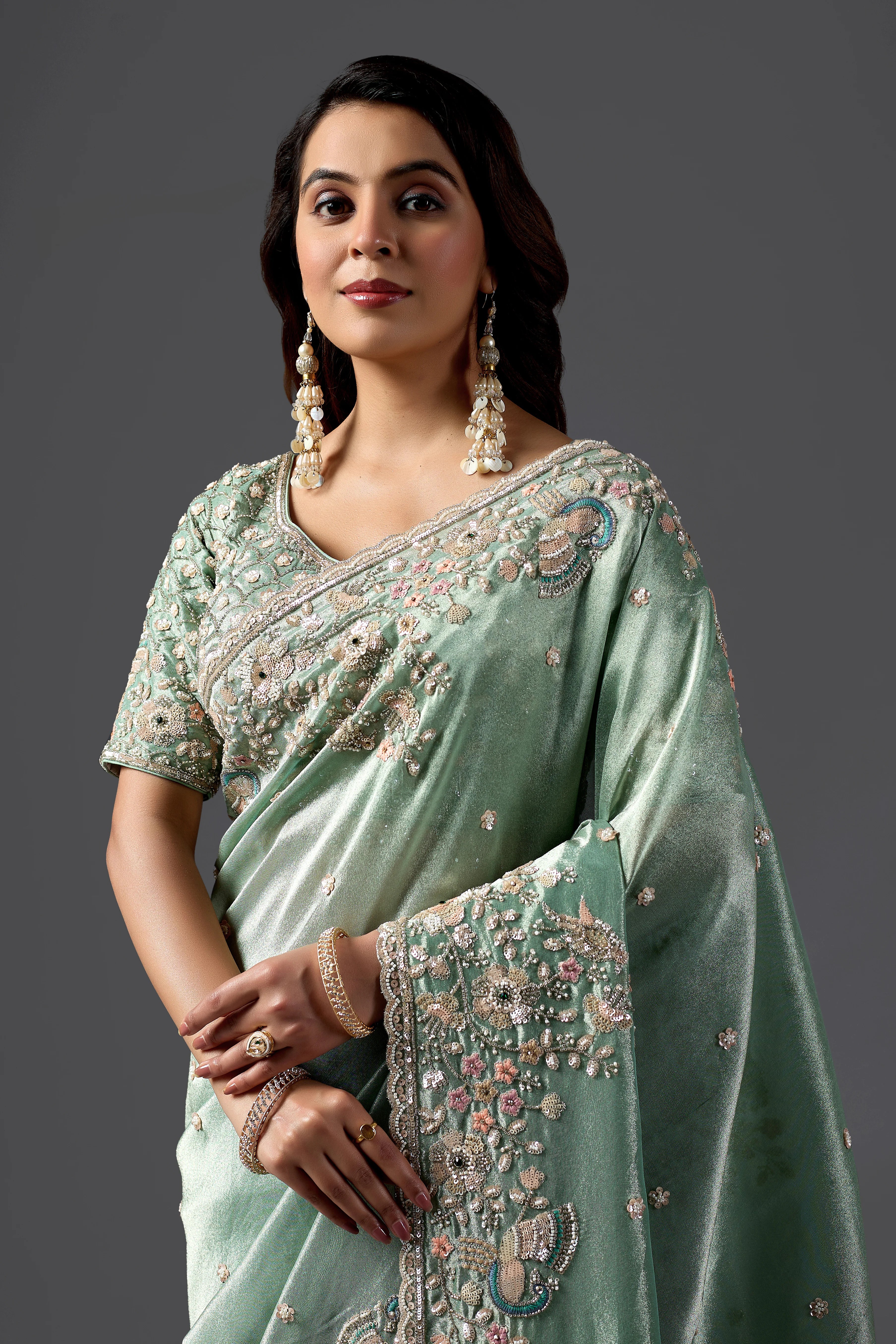 Mint Green Tissue Silk Saree With Heavy Handwork Border