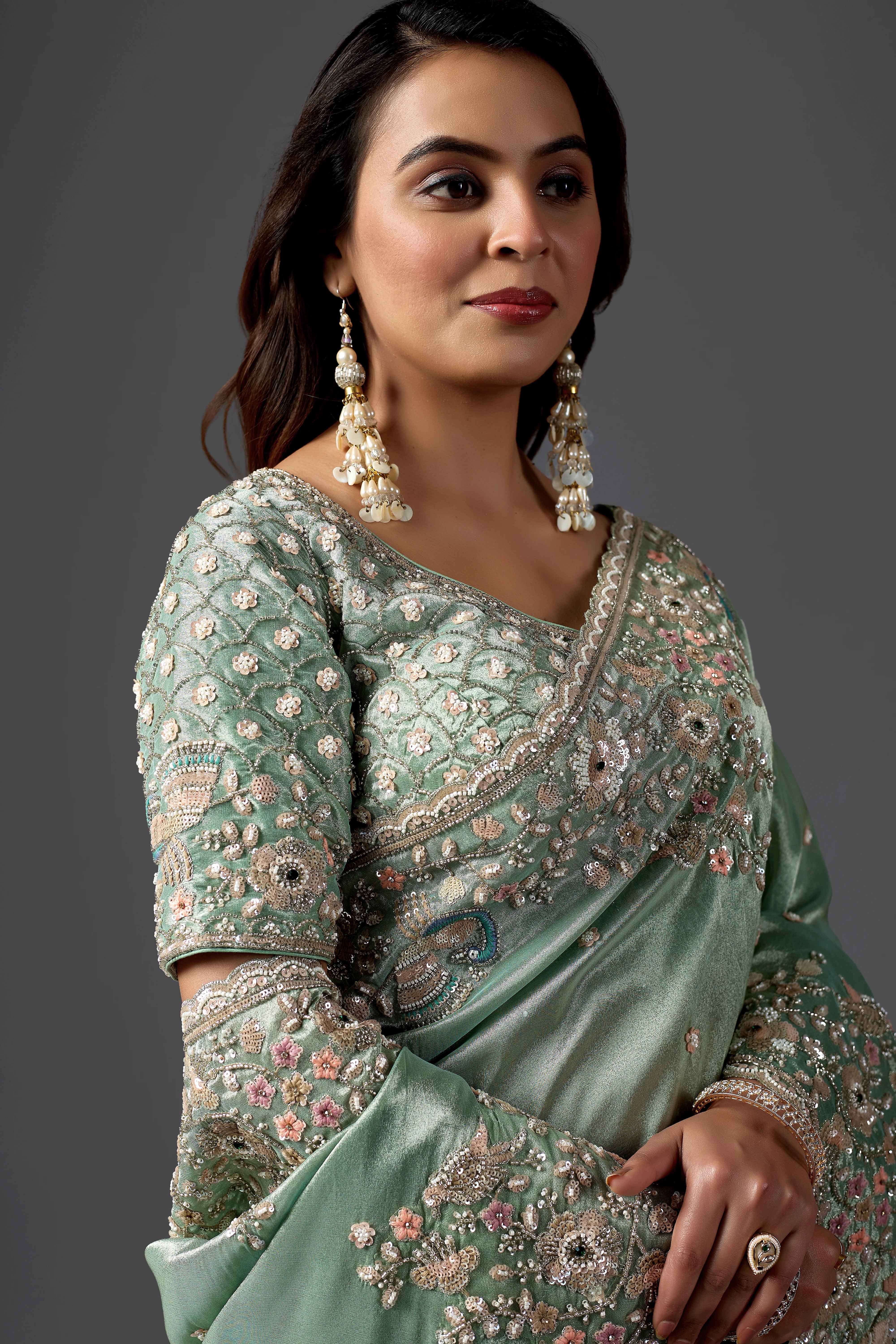 Mint Green Tissue Silk Saree With Heavy Handwork Border