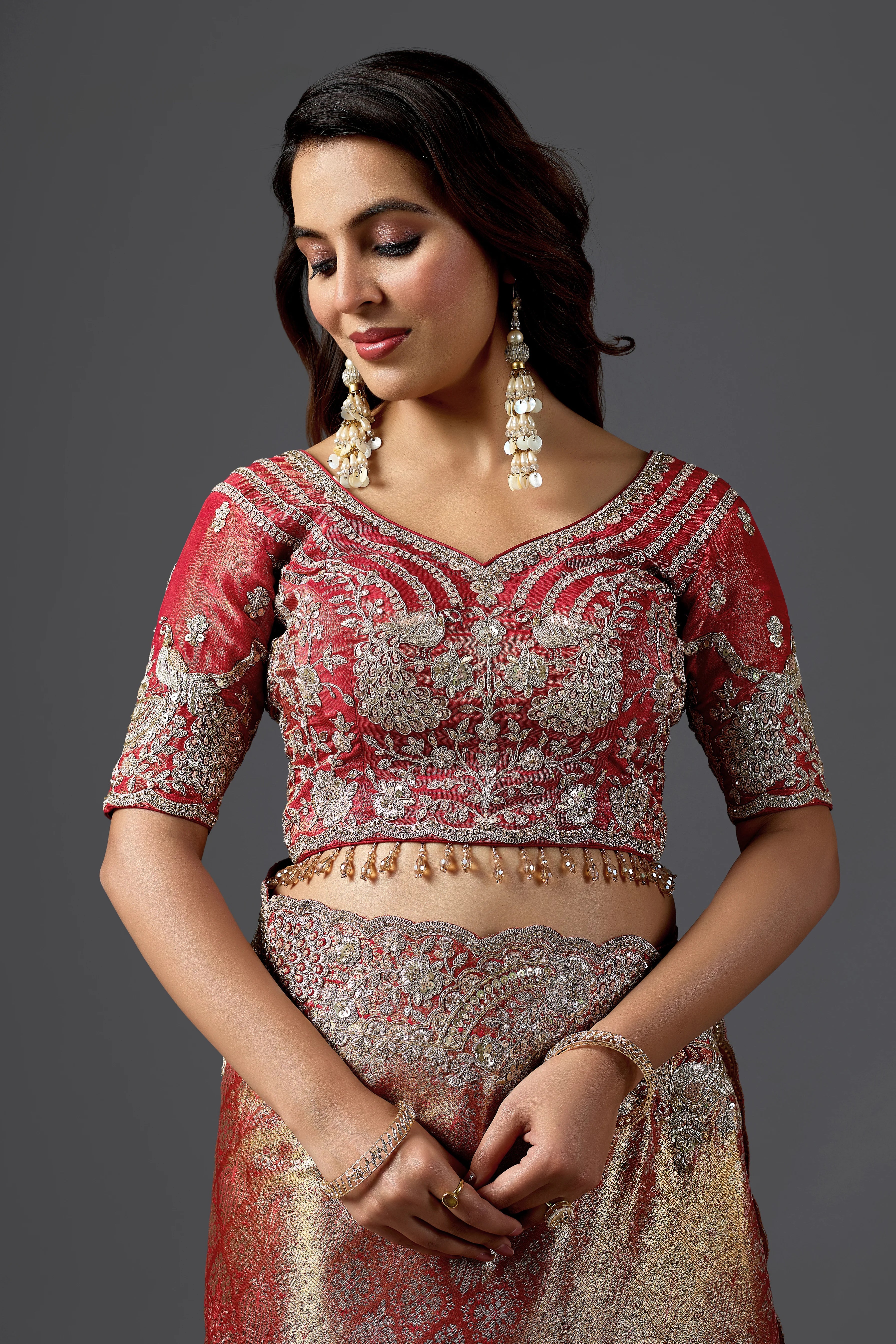 Maroon Kanjivaram Zardosi Work Saree Set with Blouse