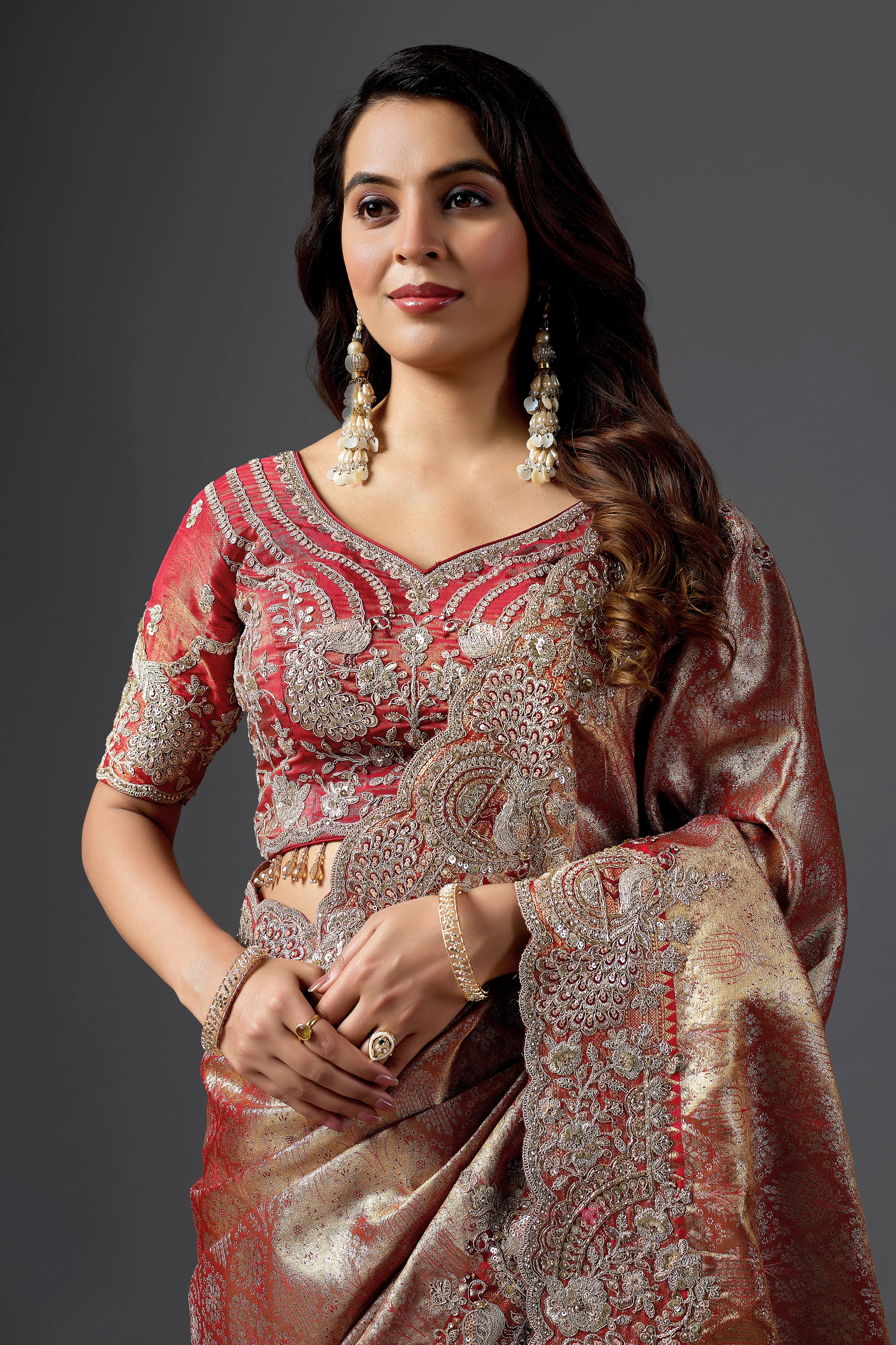 Maroon Kanjivaram Zardosi Work Saree Set with Blouse