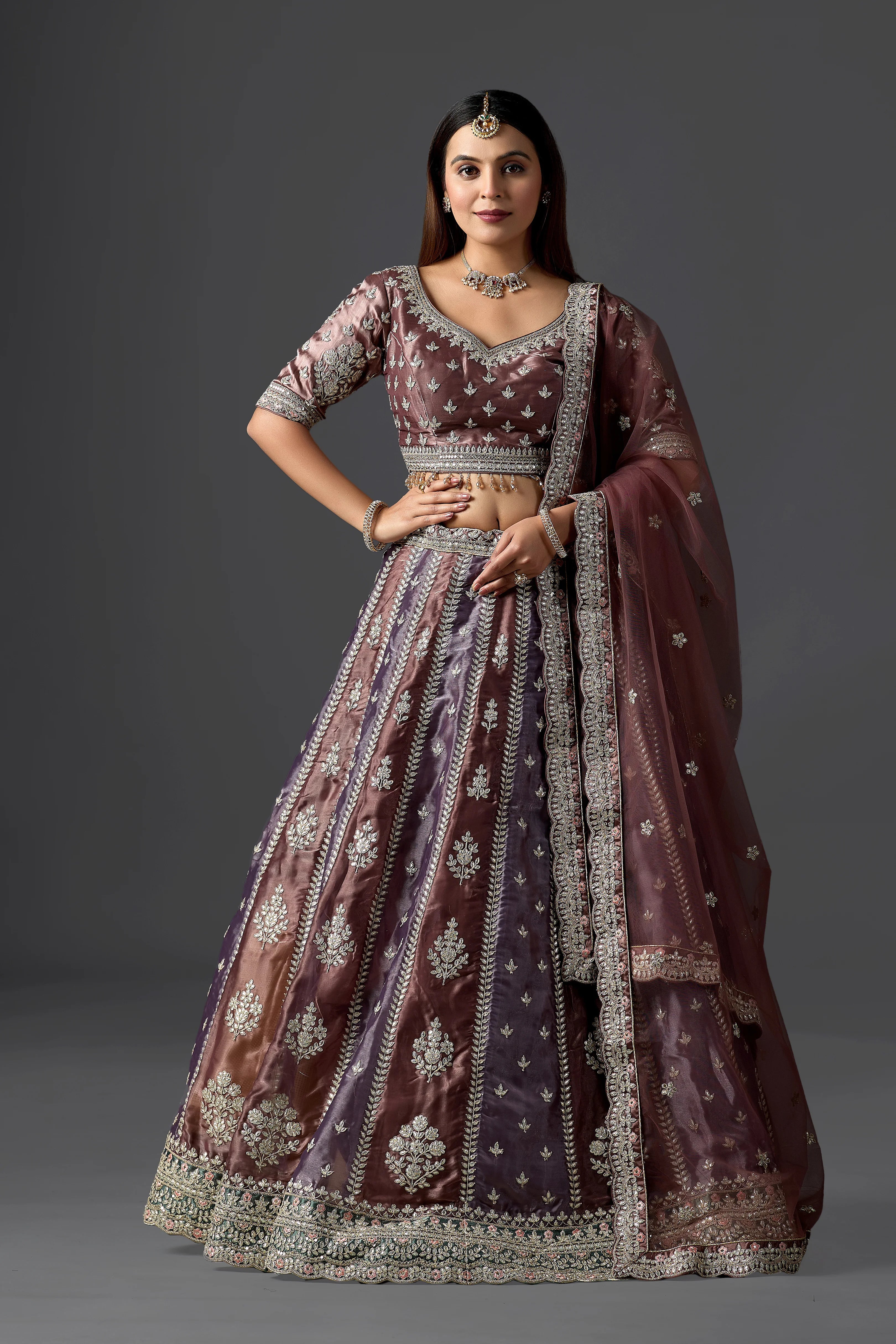 Contemporary Gotapati Lehenga in Chocolate Brown & Soft Onion Tones