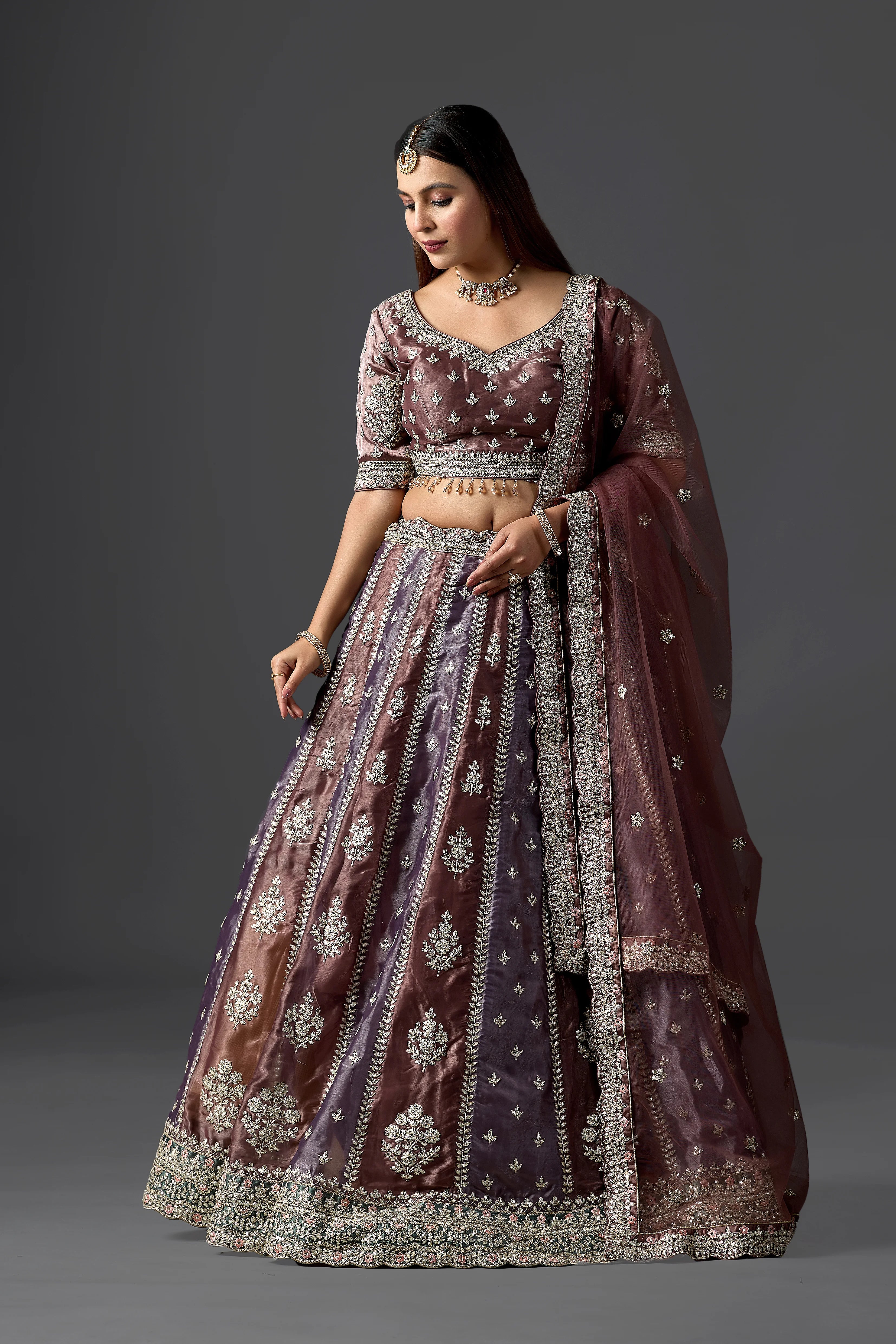 Contemporary Gotapati Lehenga in Chocolate Brown & Soft Onion Tones