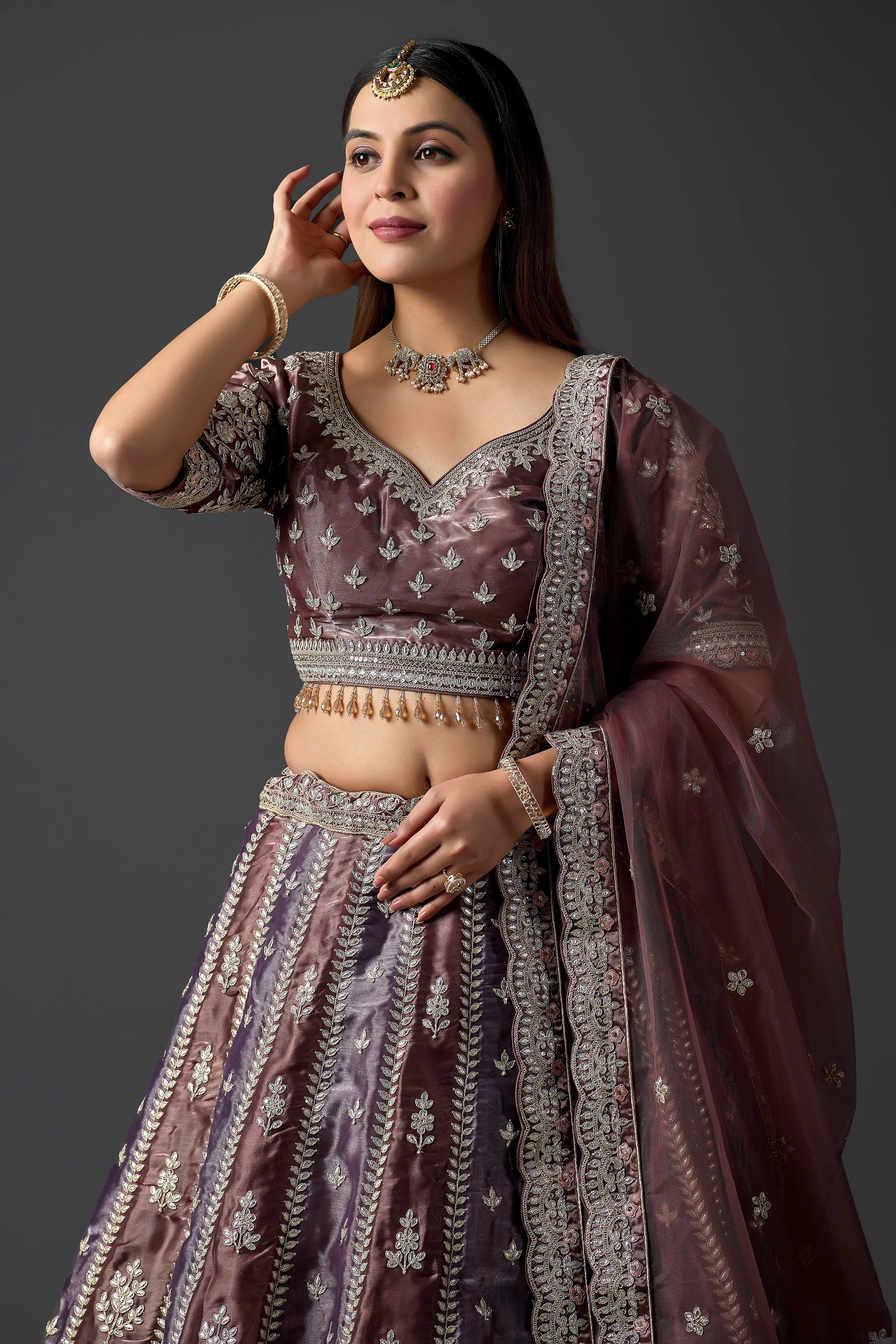 Contemporary Gotapati Lehenga in Chocolate Brown & Soft Onion Tones