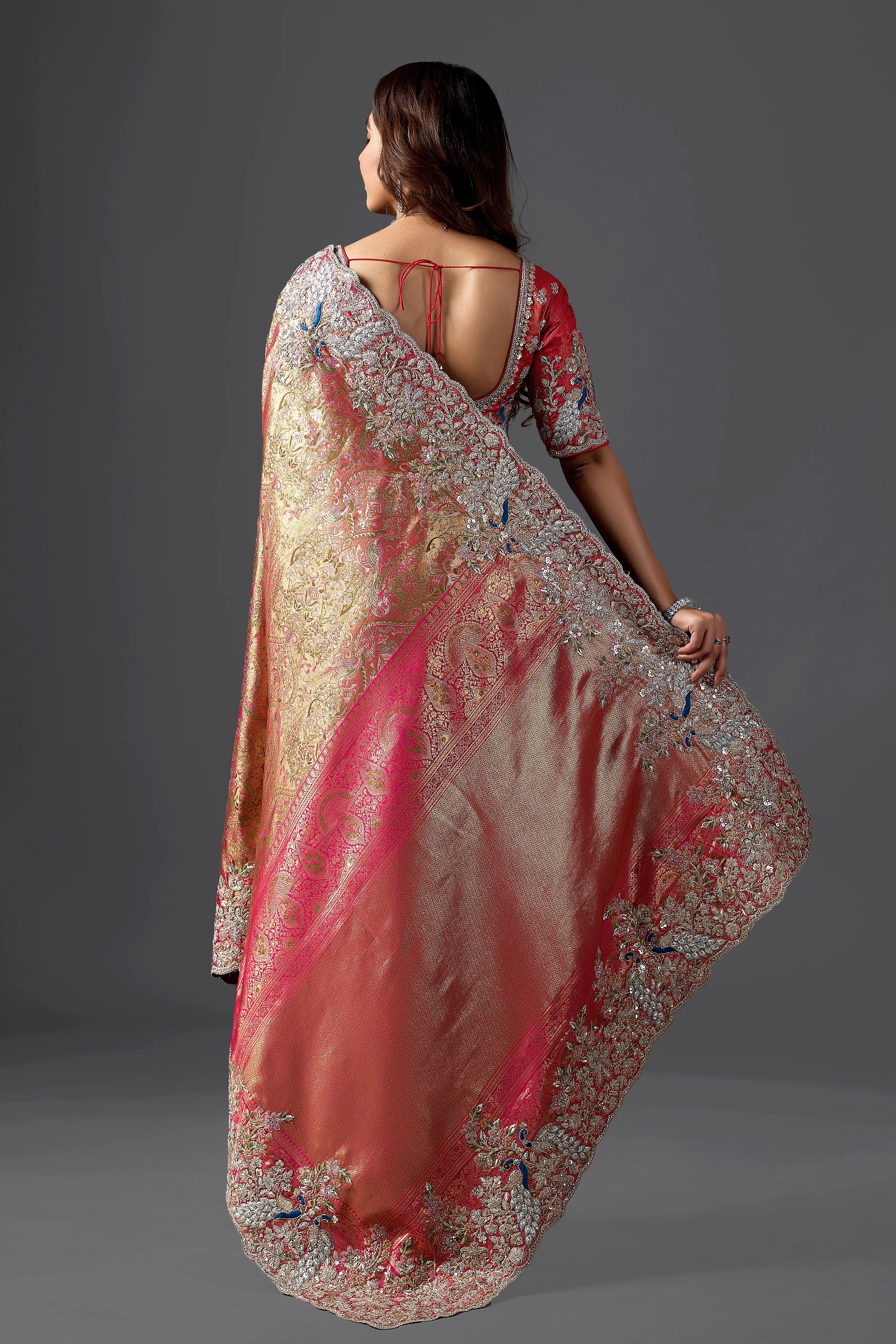 Rani Pink Viscose Silk Woven Wedding Saree with Heavy Embroidered Border & Blouse