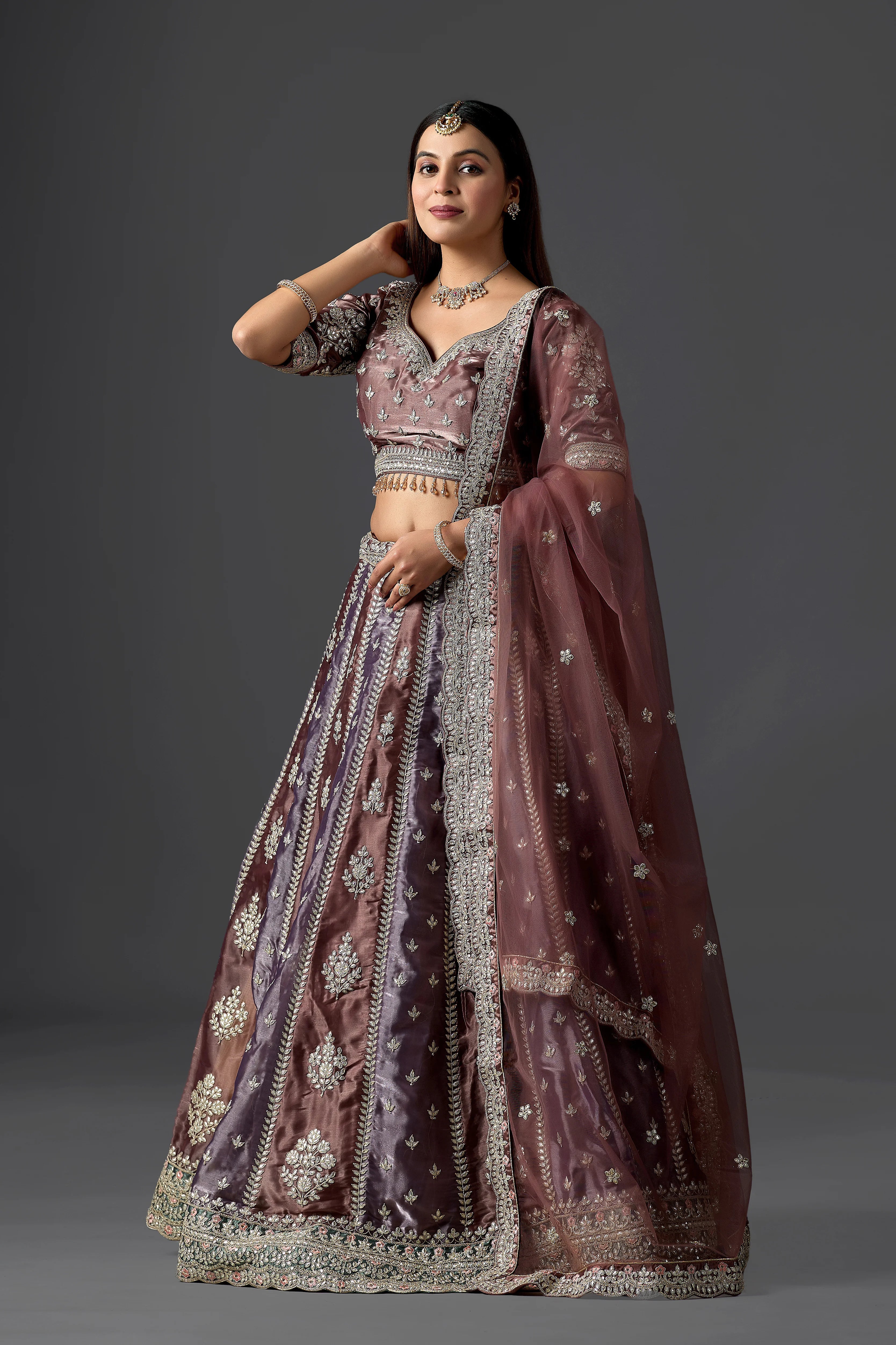 Contemporary Gotapati Lehenga in Chocolate Brown & Soft Onion Tones
