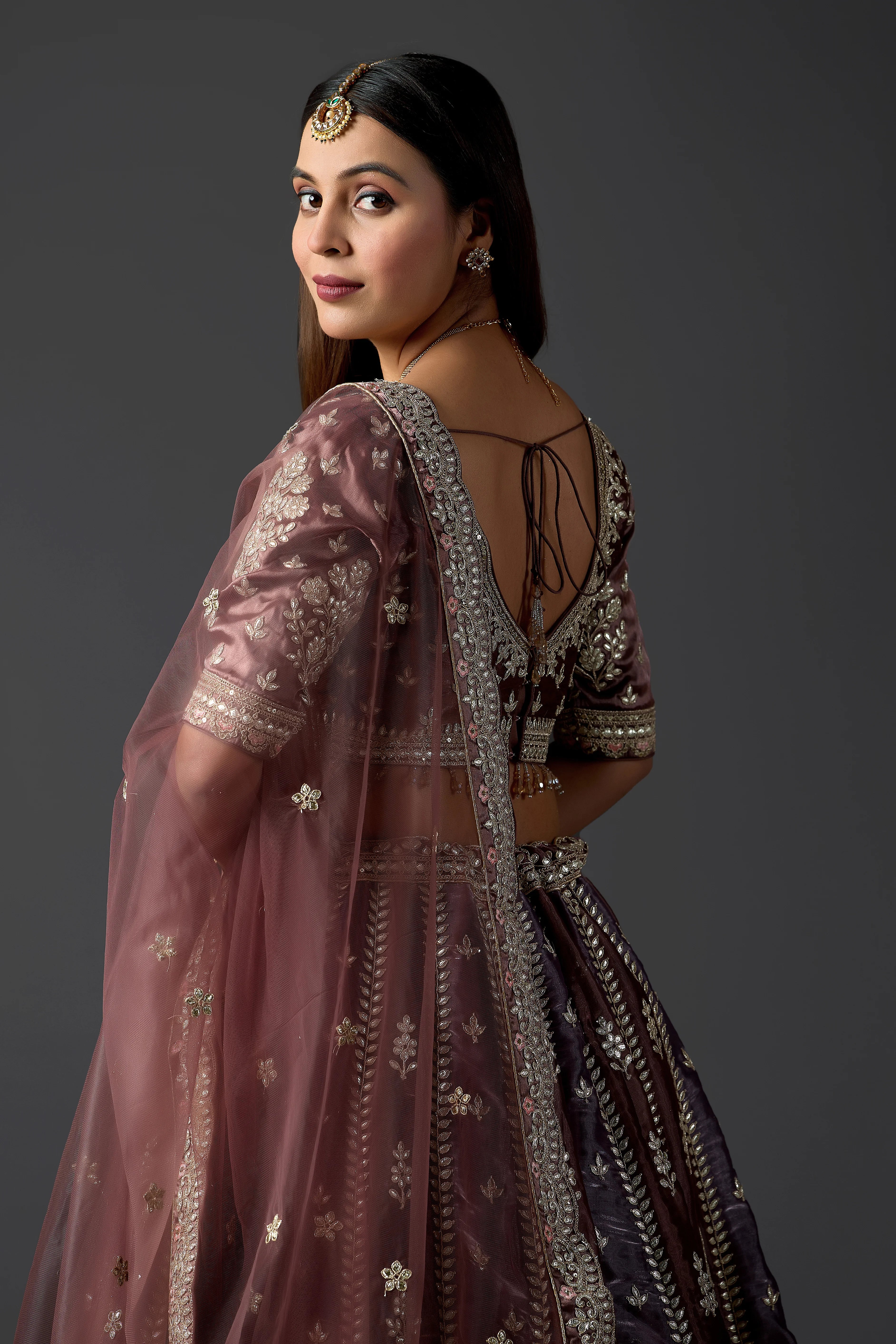 Contemporary Gotapati Lehenga in Chocolate Brown & Soft Onion Tones