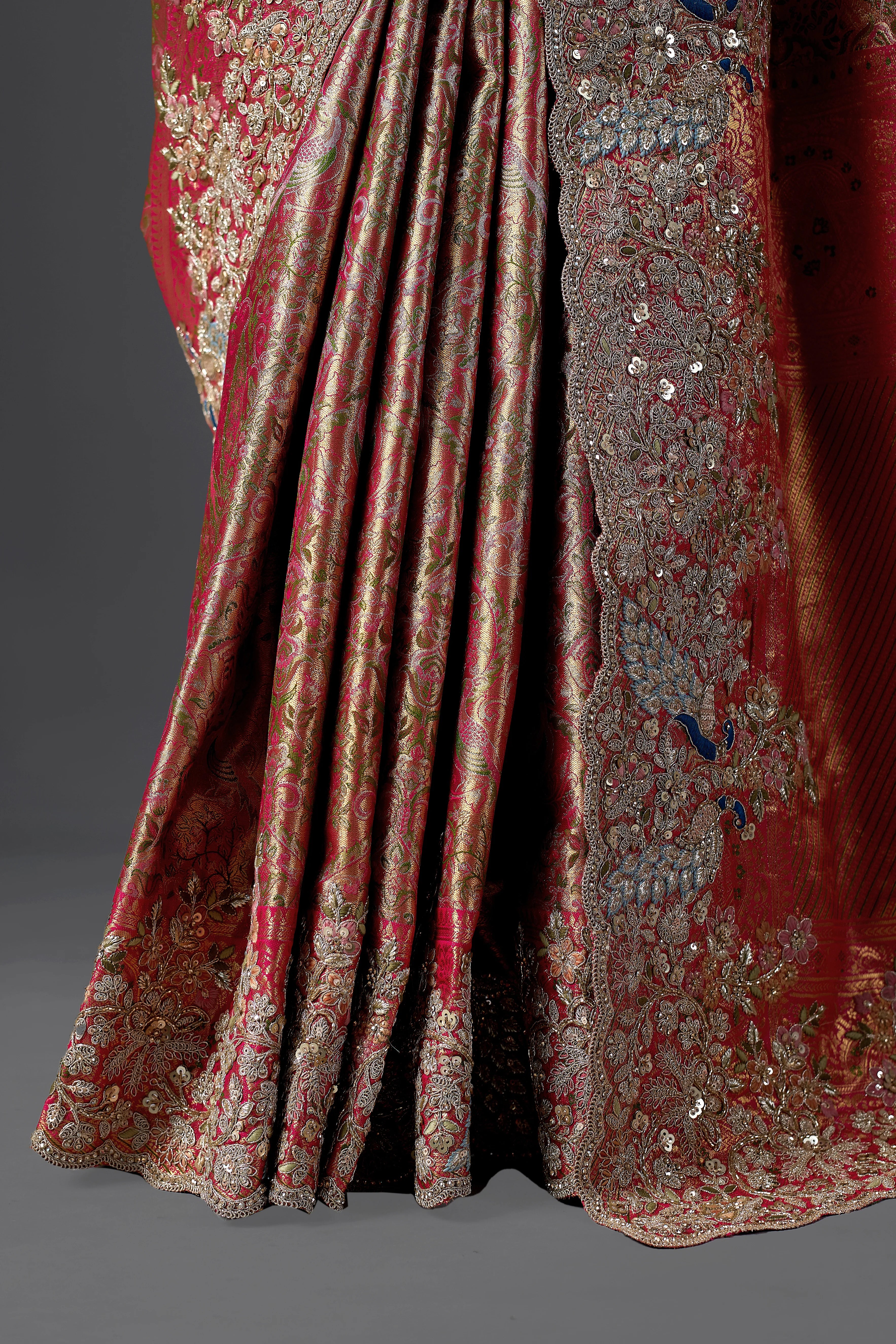 Rani Pink Viscose Silk Woven Wedding Saree with Heavy Embroidered Border & Blouse