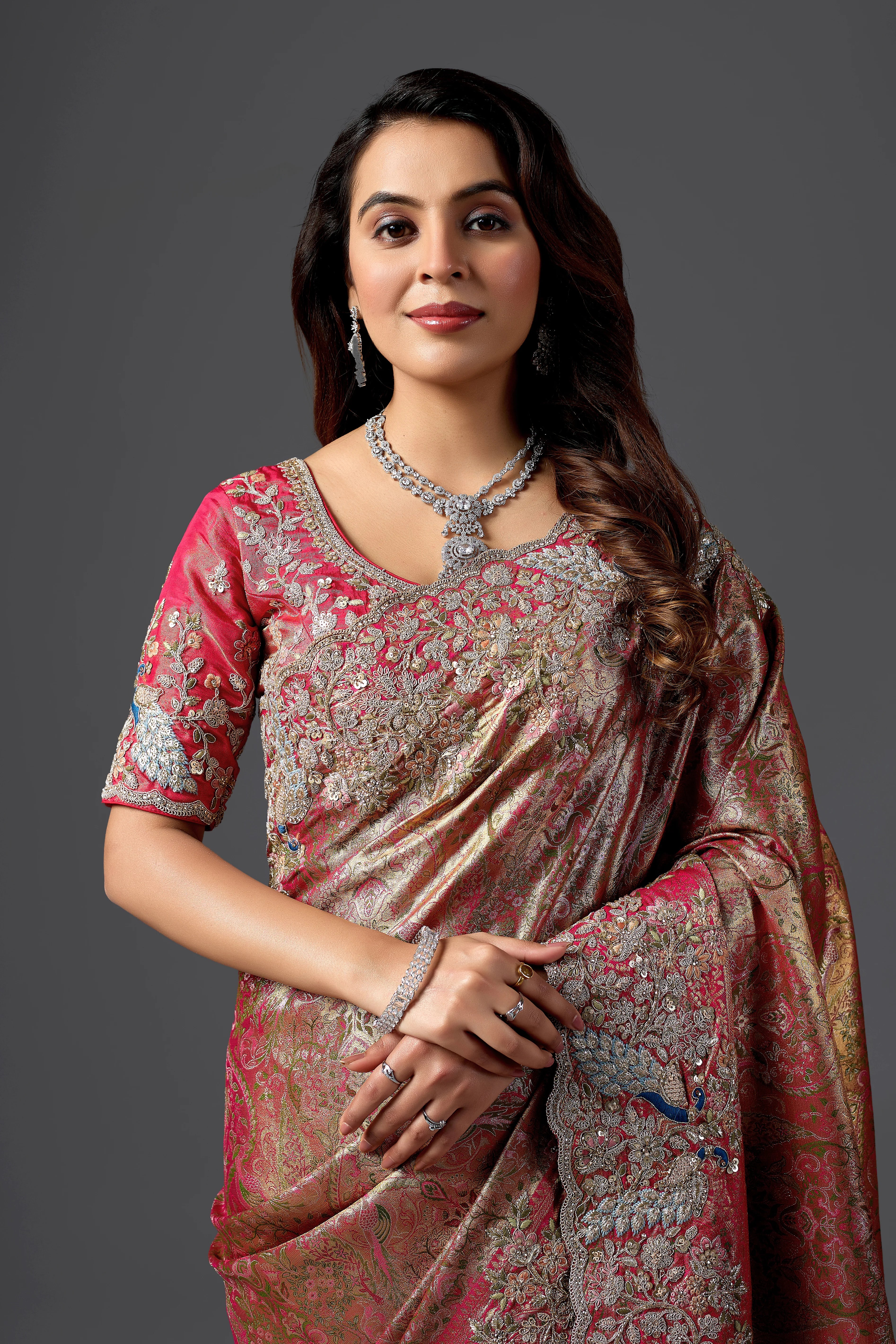 Rani Pink Viscose Silk Woven Wedding Saree with Heavy Embroidered Border & Blouse