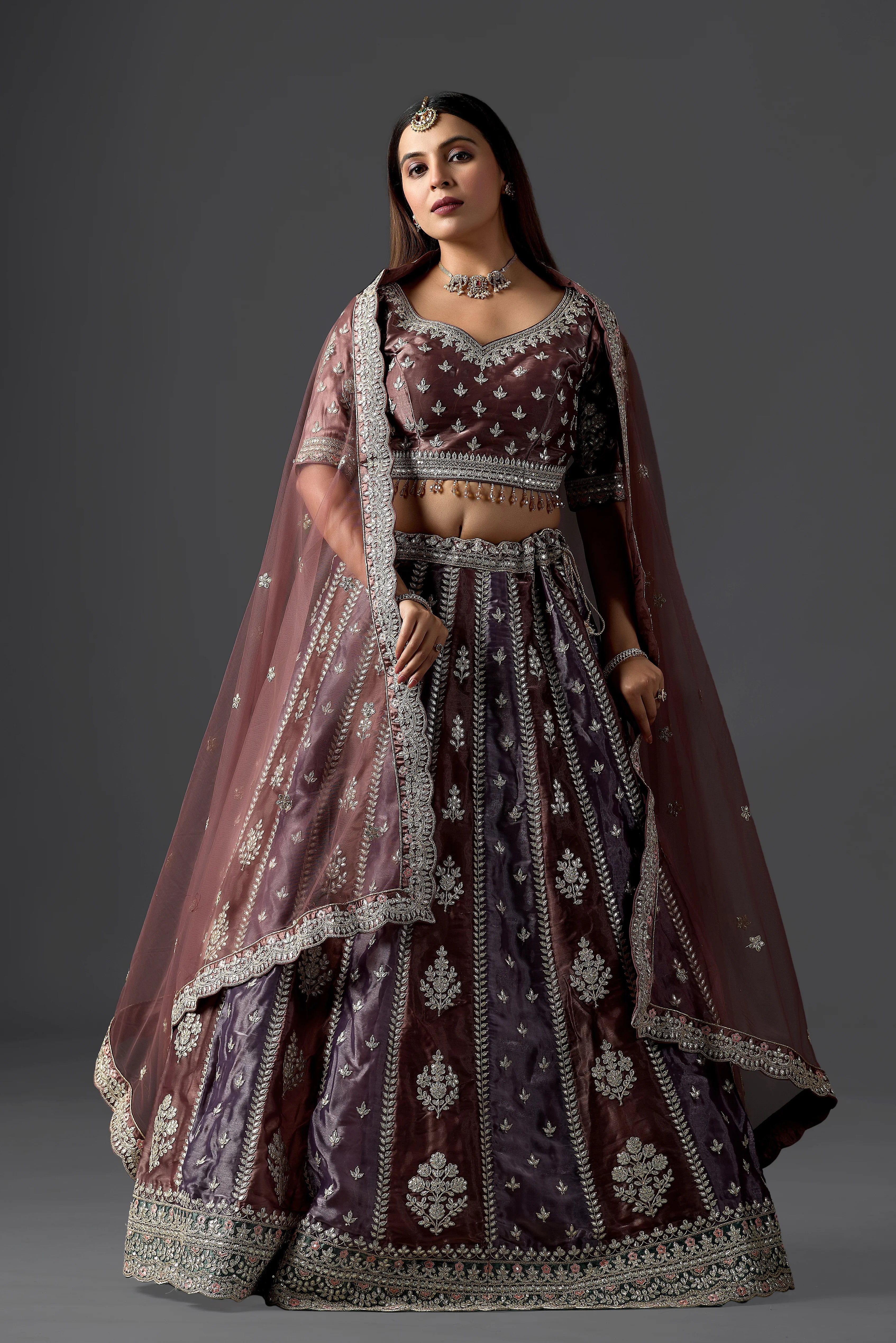 Contemporary Gotapati Lehenga in Chocolate Brown & Soft Onion Tones