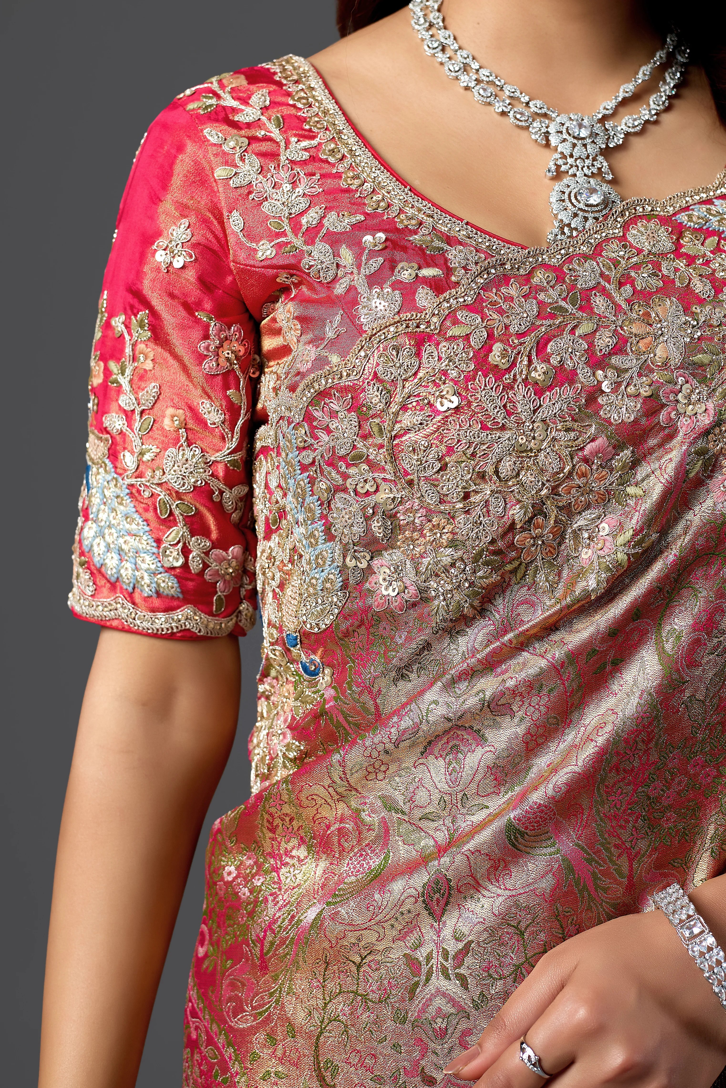Rani Pink Viscose Silk Woven Wedding Saree with Heavy Embroidered Border & Blouse