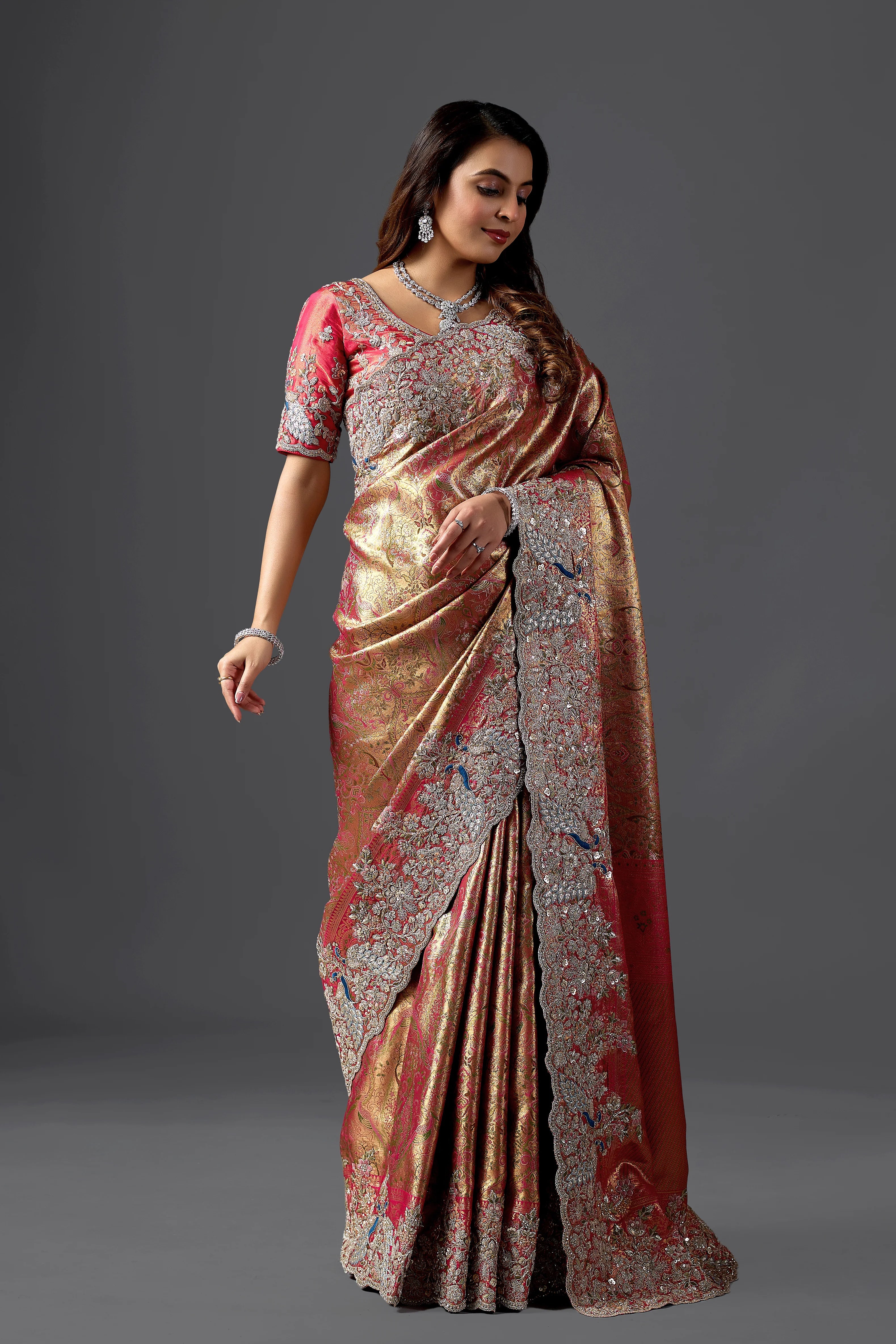 Rani Pink Viscose Silk Woven Wedding Saree with Heavy Embroidered Border & Blouse