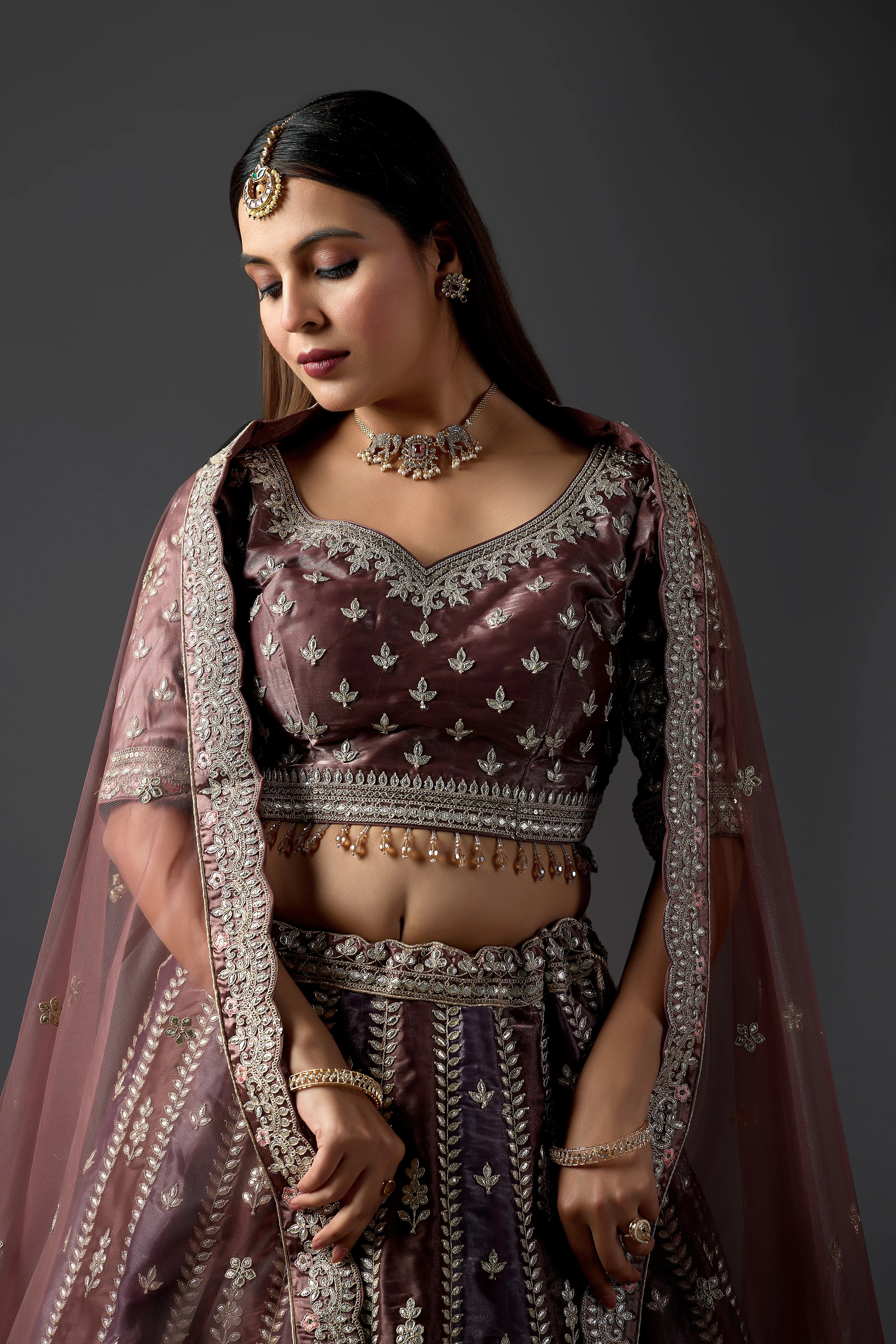 Contemporary Gotapati Lehenga in Chocolate Brown & Soft Onion Tones
