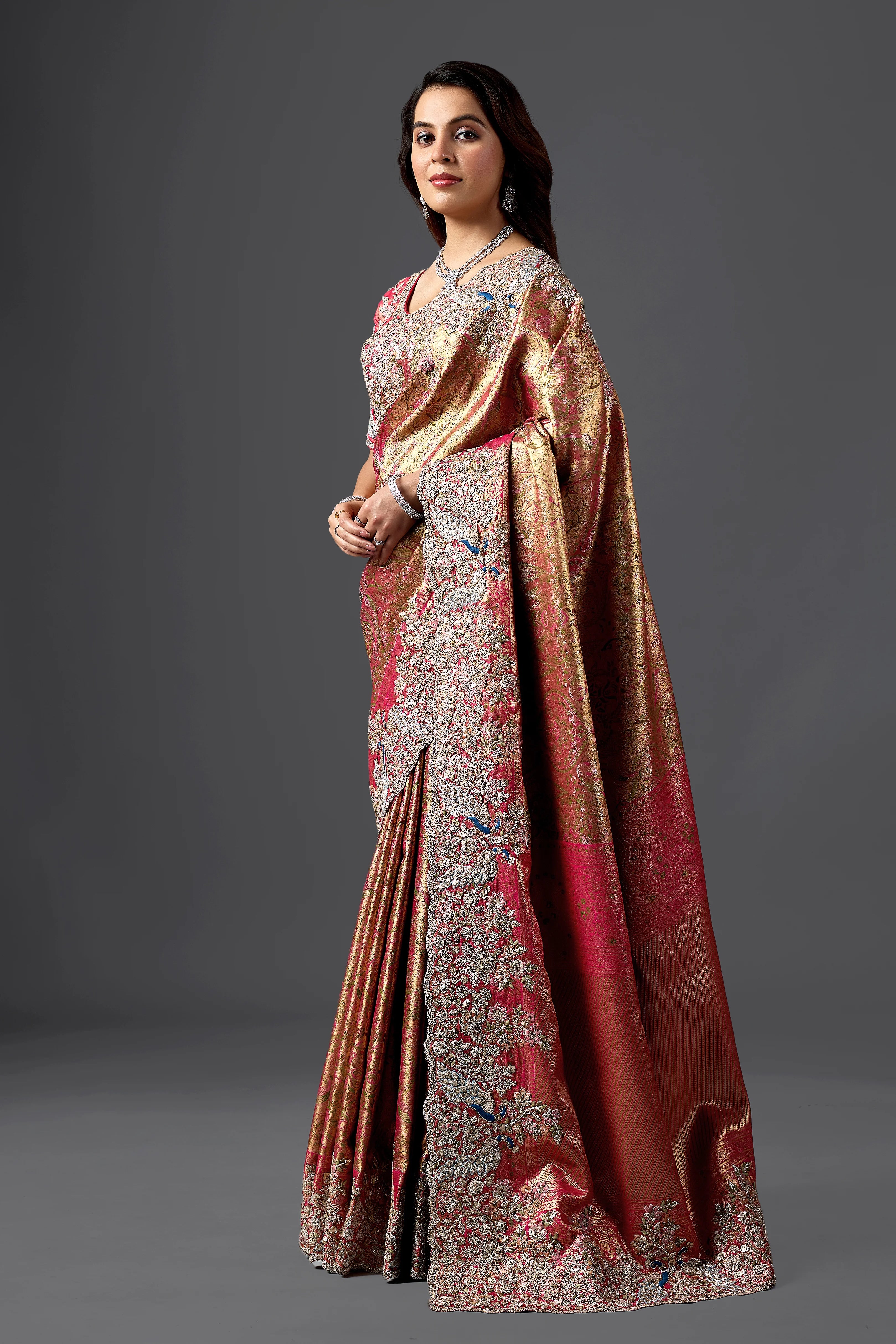 Rani Pink Viscose Silk Woven Wedding Saree with Heavy Embroidered Border & Blouse