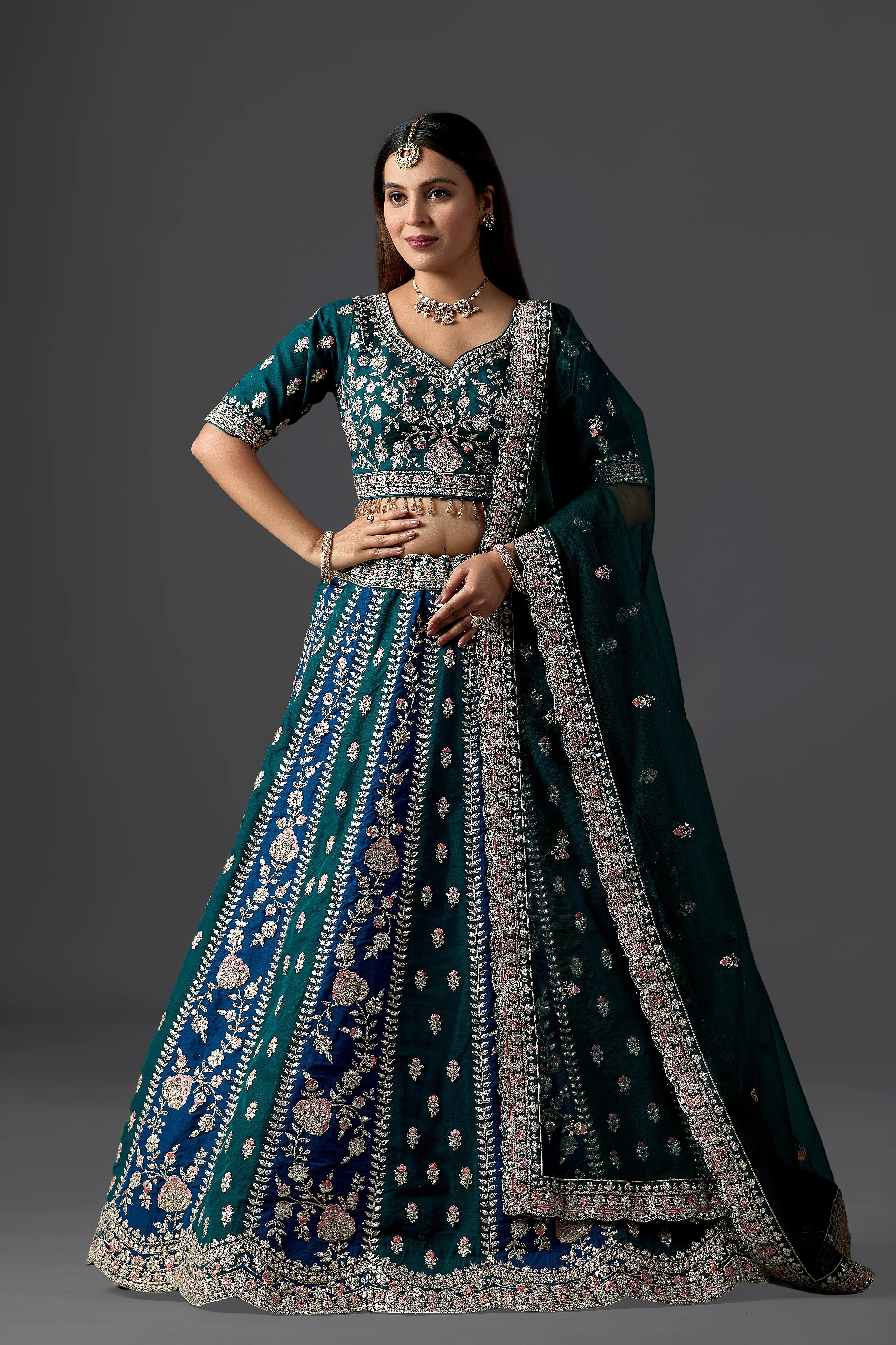 Dark Green Silk Gota Patti Lehenga Choli Set