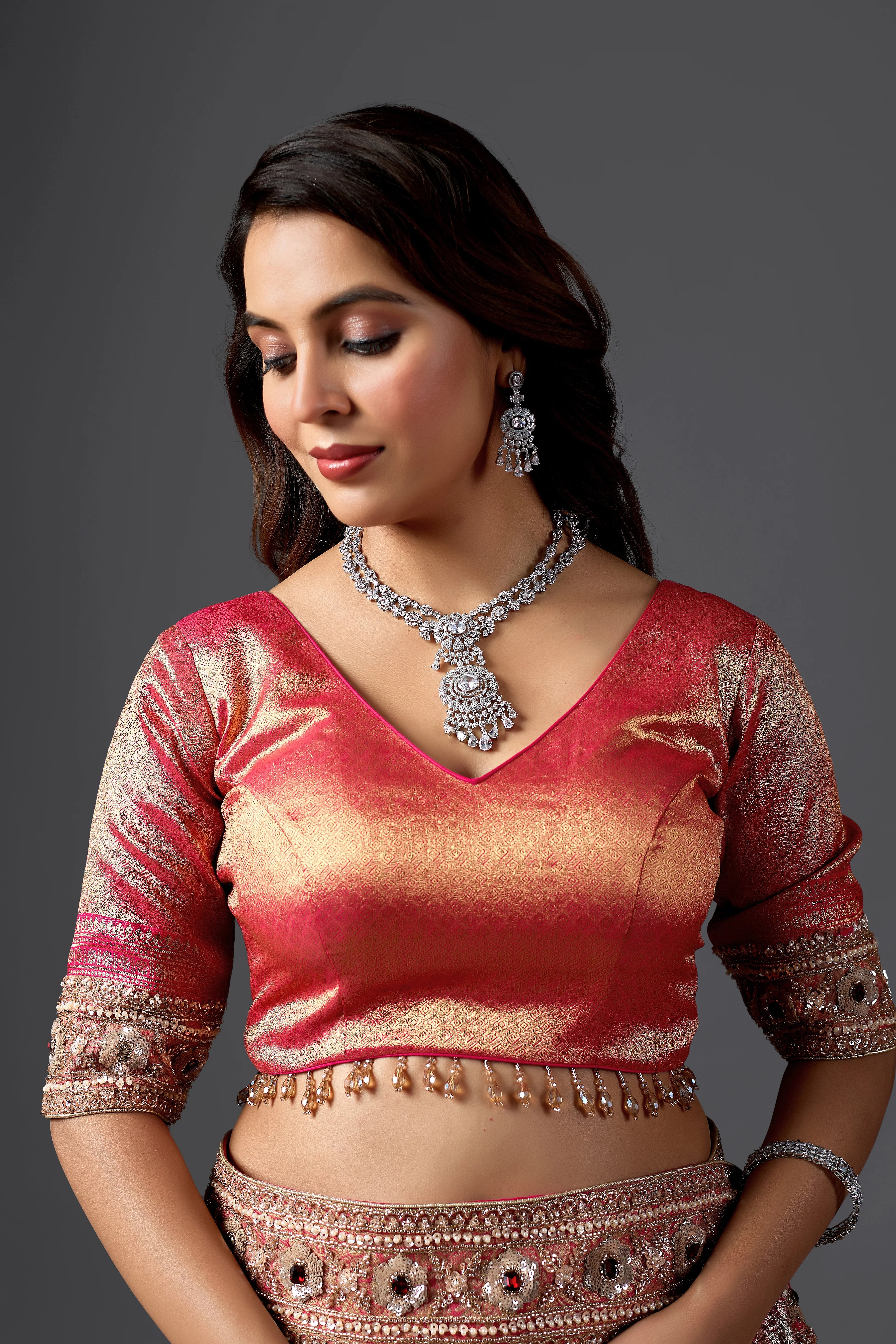 Gold Jacquard Saree With Rani Pink Floral Weaving & Intricate Embellished Border