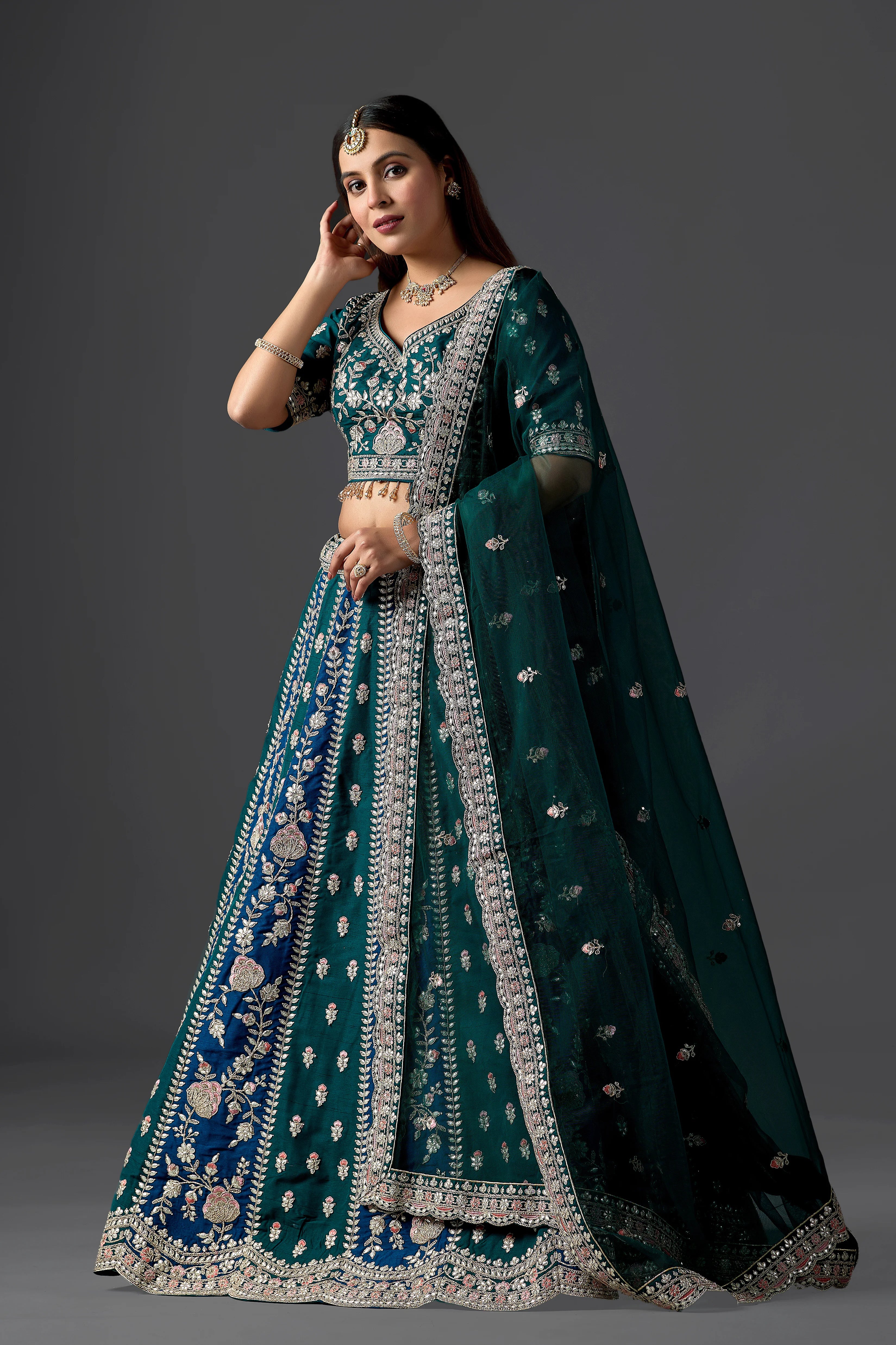 Dark Green Silk Gota Patti Lehenga Choli Set