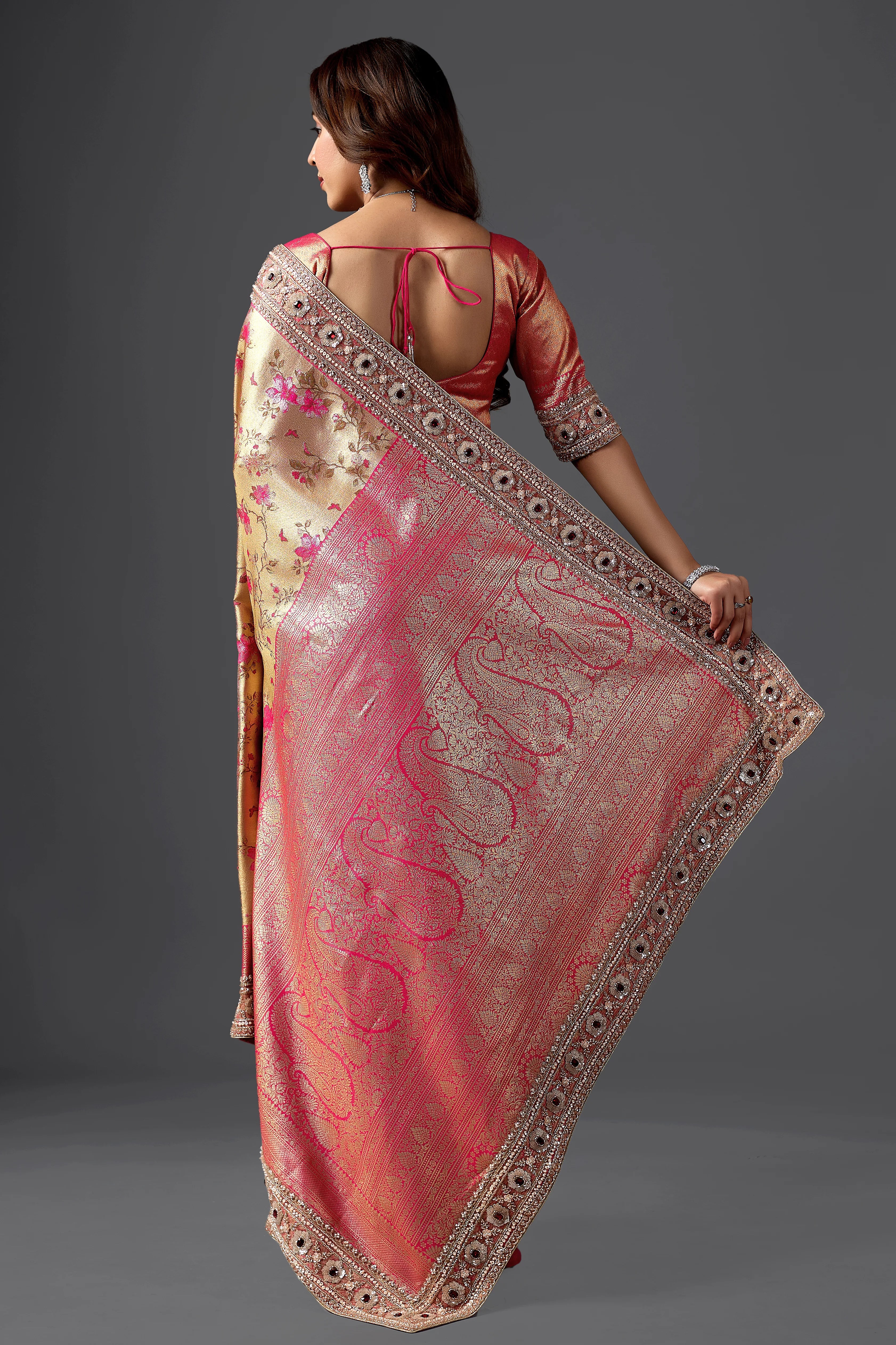 Gold Jacquard Saree With Rani Pink Floral Weaving & Intricate Embellished Border