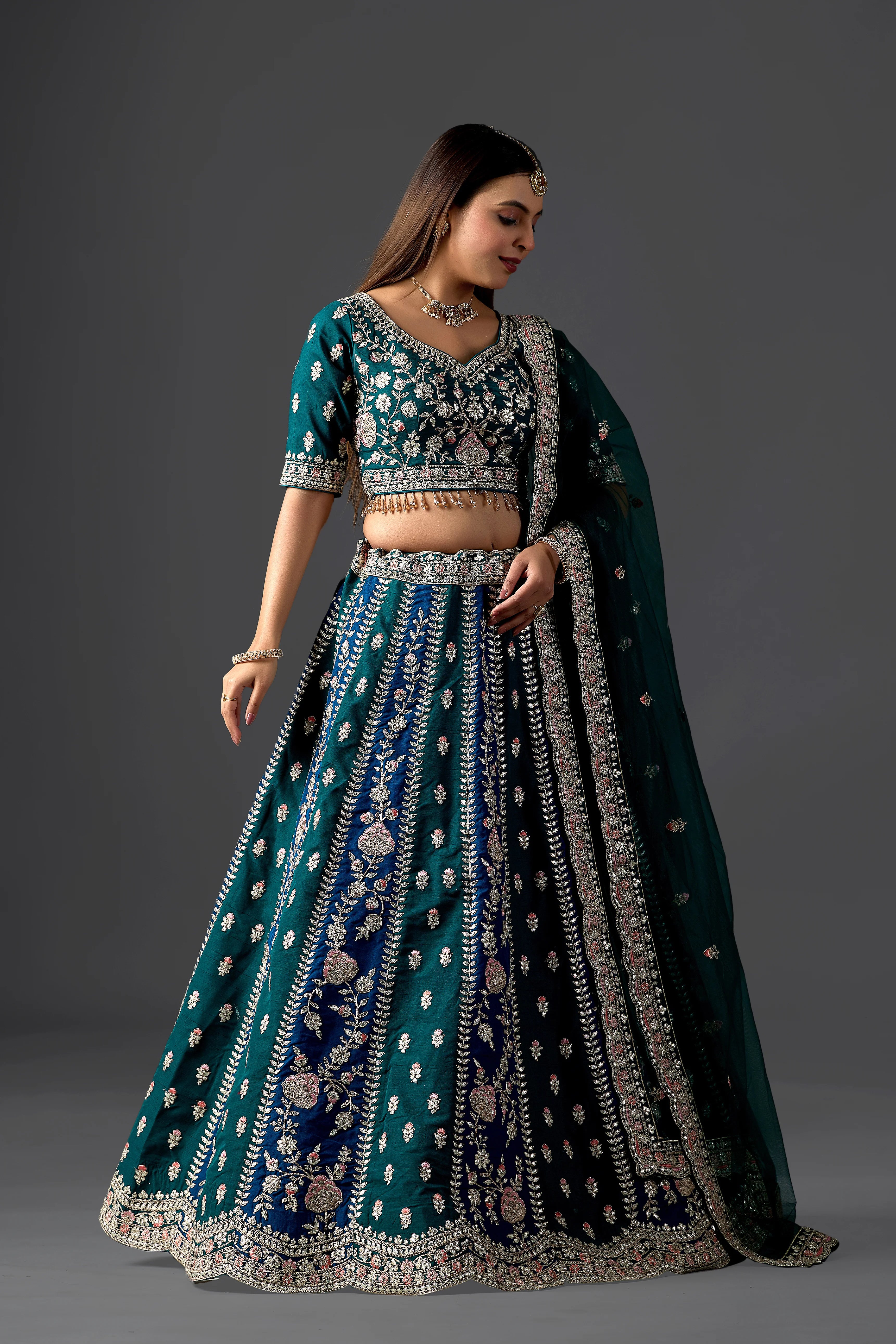 Dark Green Silk Gota Patti Lehenga Choli Set