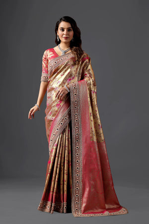 Gold Jacquard Saree With Rani Pink Floral Weaving & Intricate Embellished Border