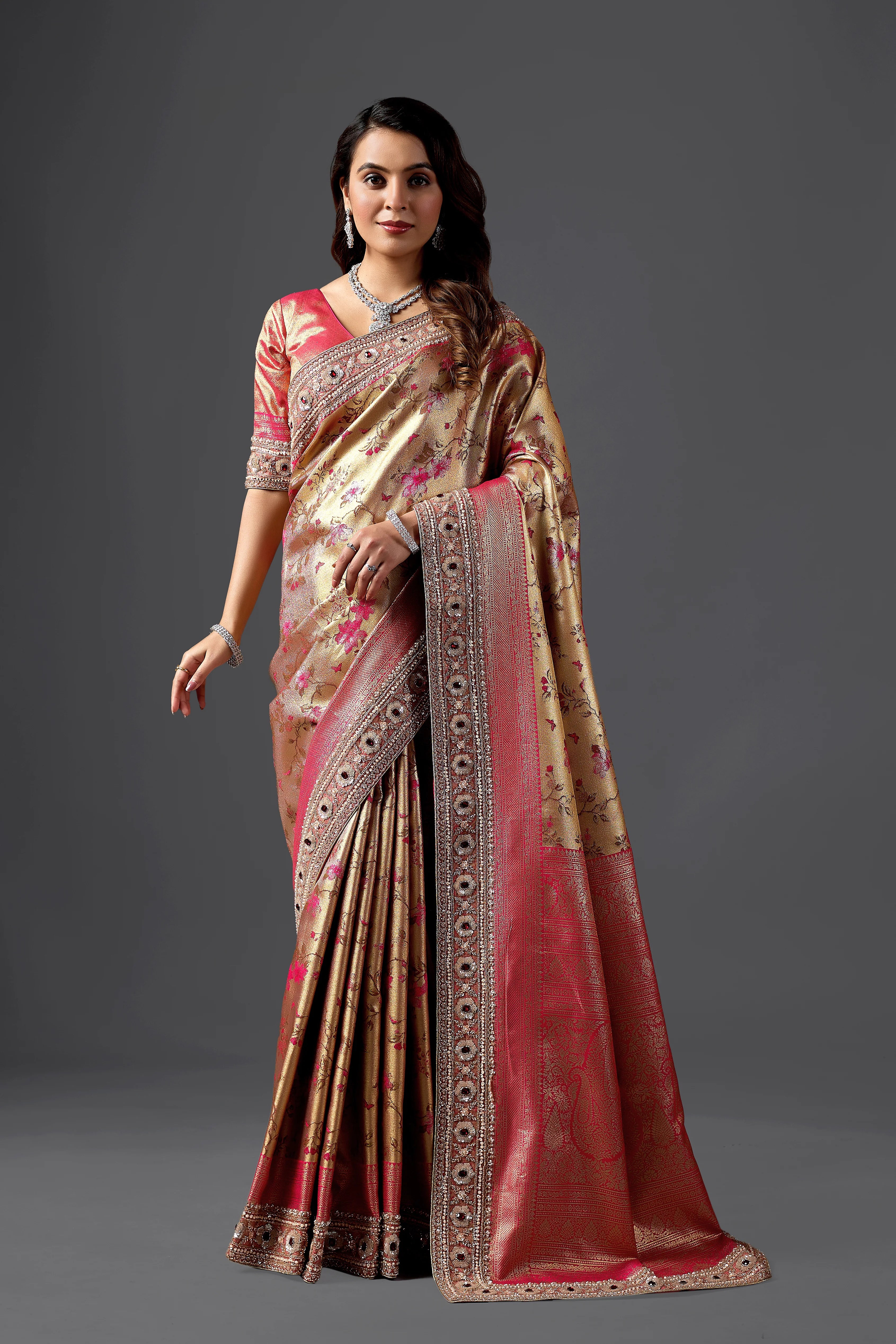 Gold Jacquard Saree With Rani Pink Floral Weaving & Intricate Embellished Border