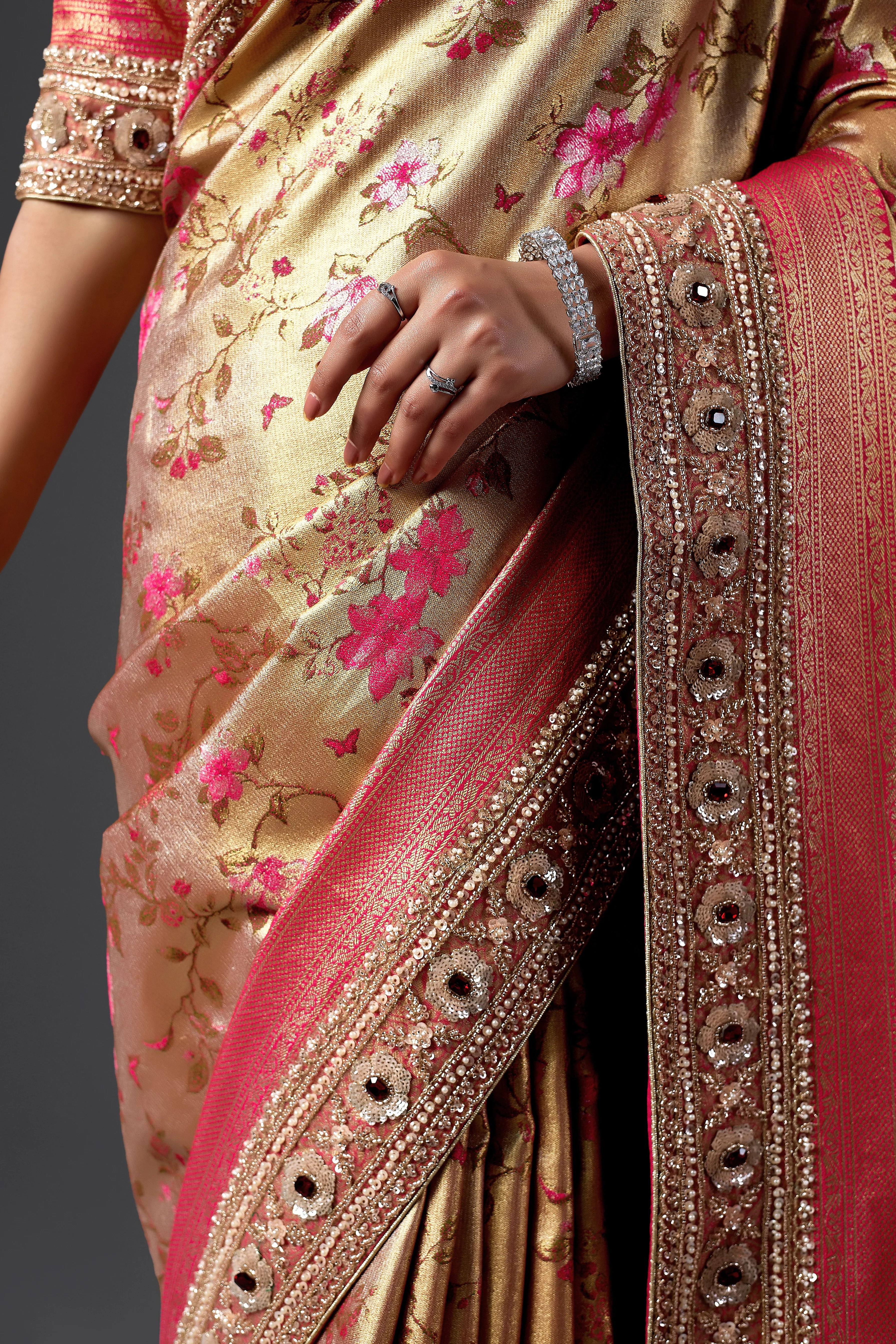Gold Jacquard Saree With Rani Pink Floral Weaving & Intricate Embellished Border
