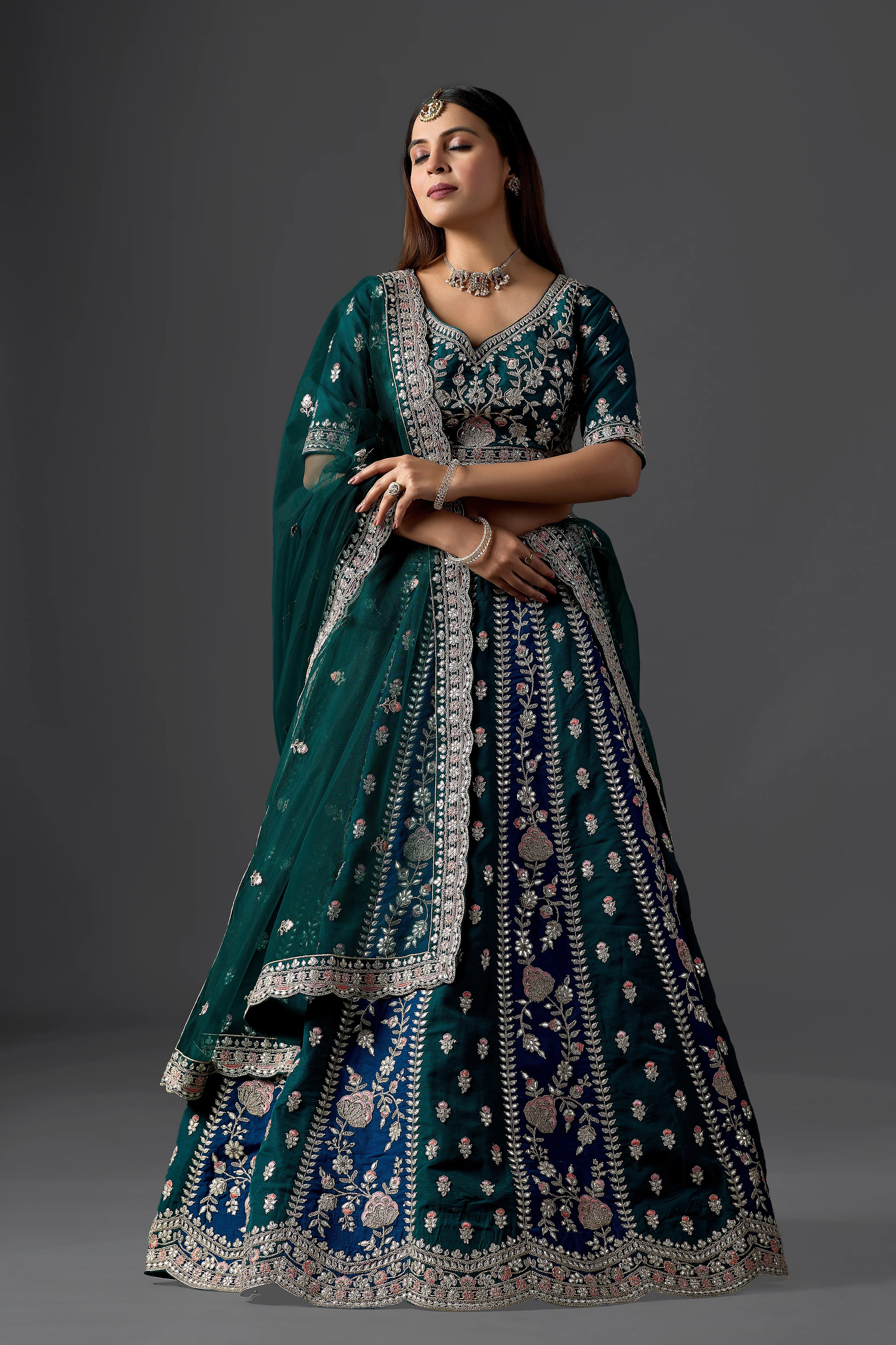 Dark Green Silk Gota Patti Lehenga Choli Set