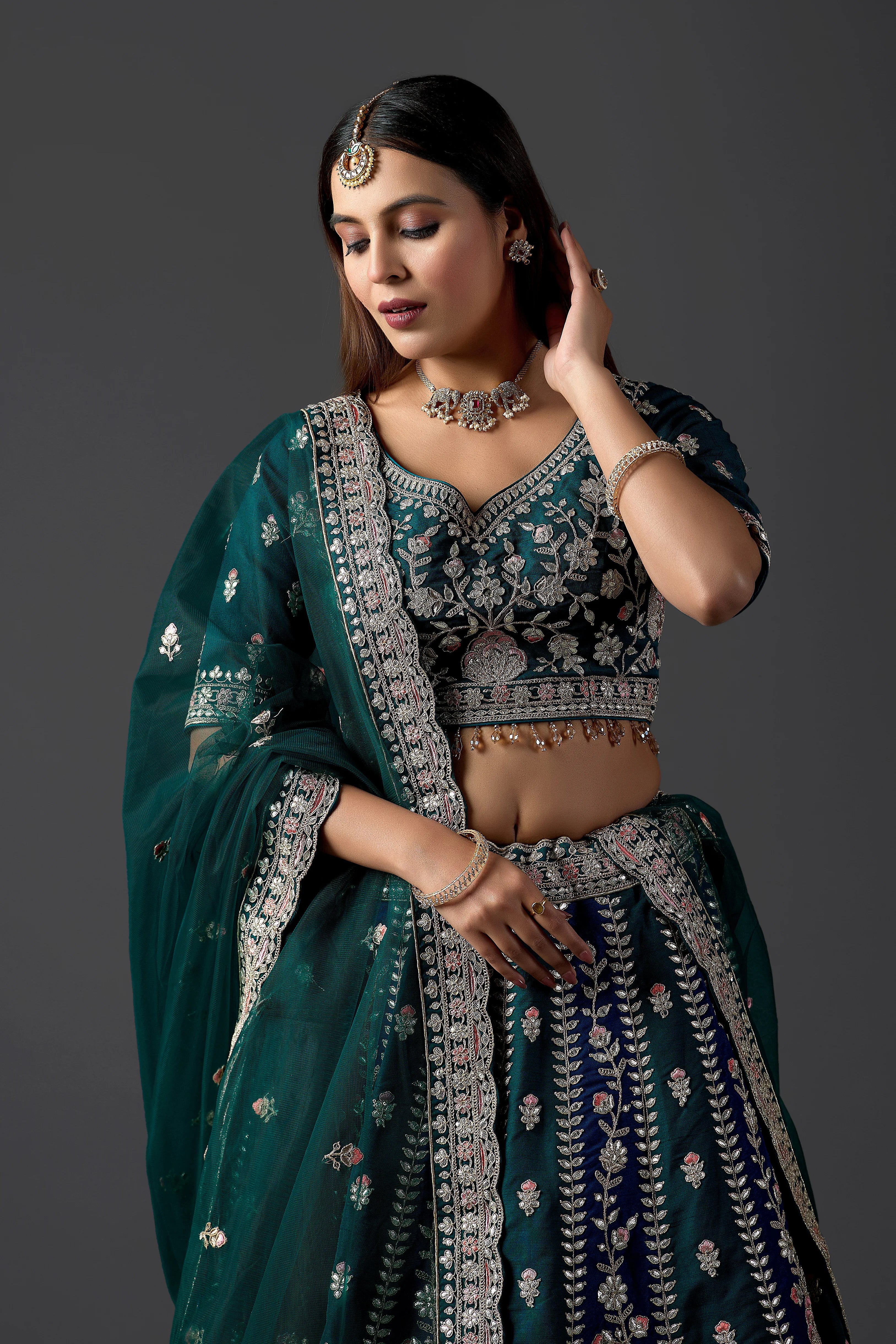 Dark Green Silk Gota Patti Lehenga Choli Set