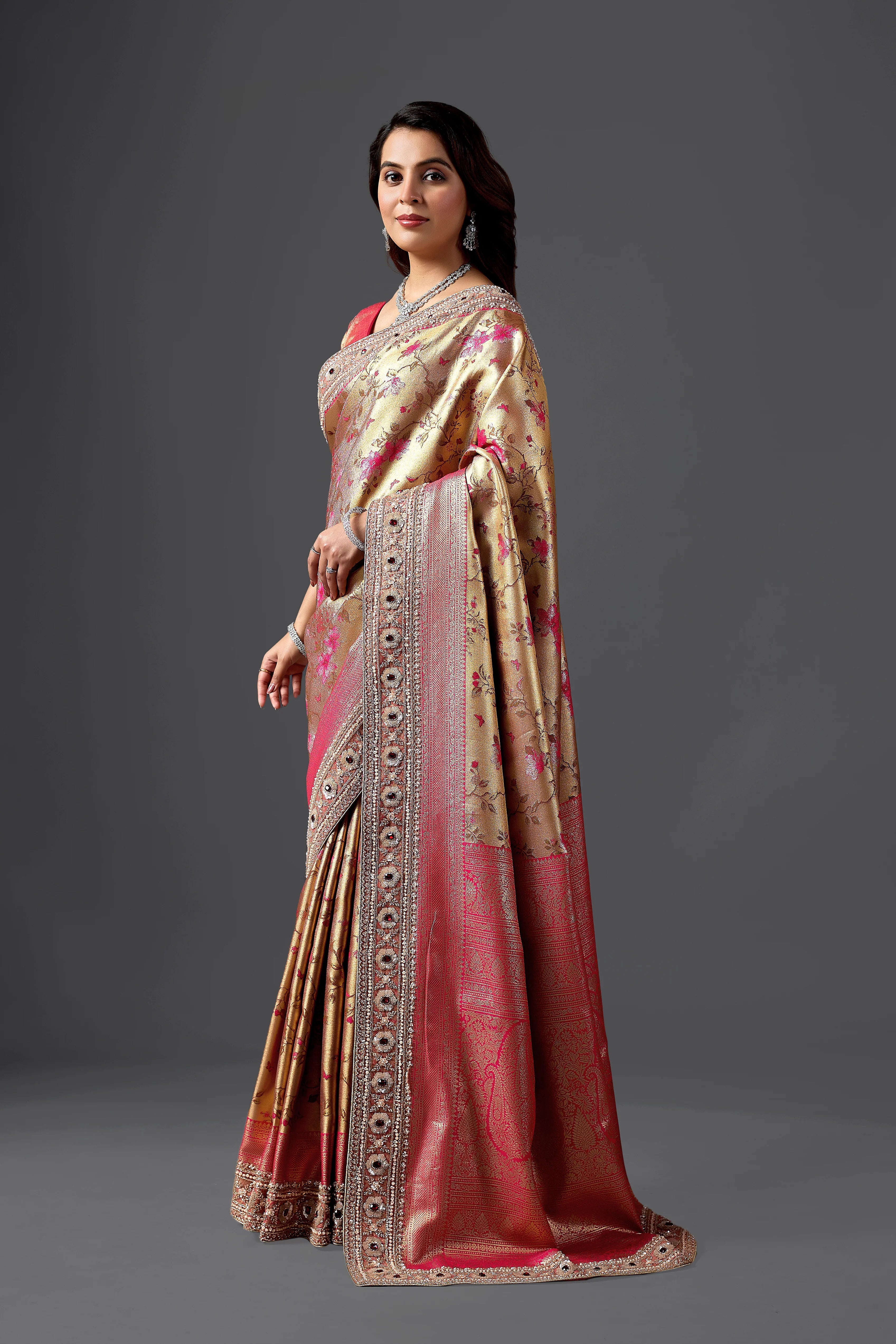 Gold Jacquard Saree With Rani Pink Floral Weaving & Intricate Embellished Border