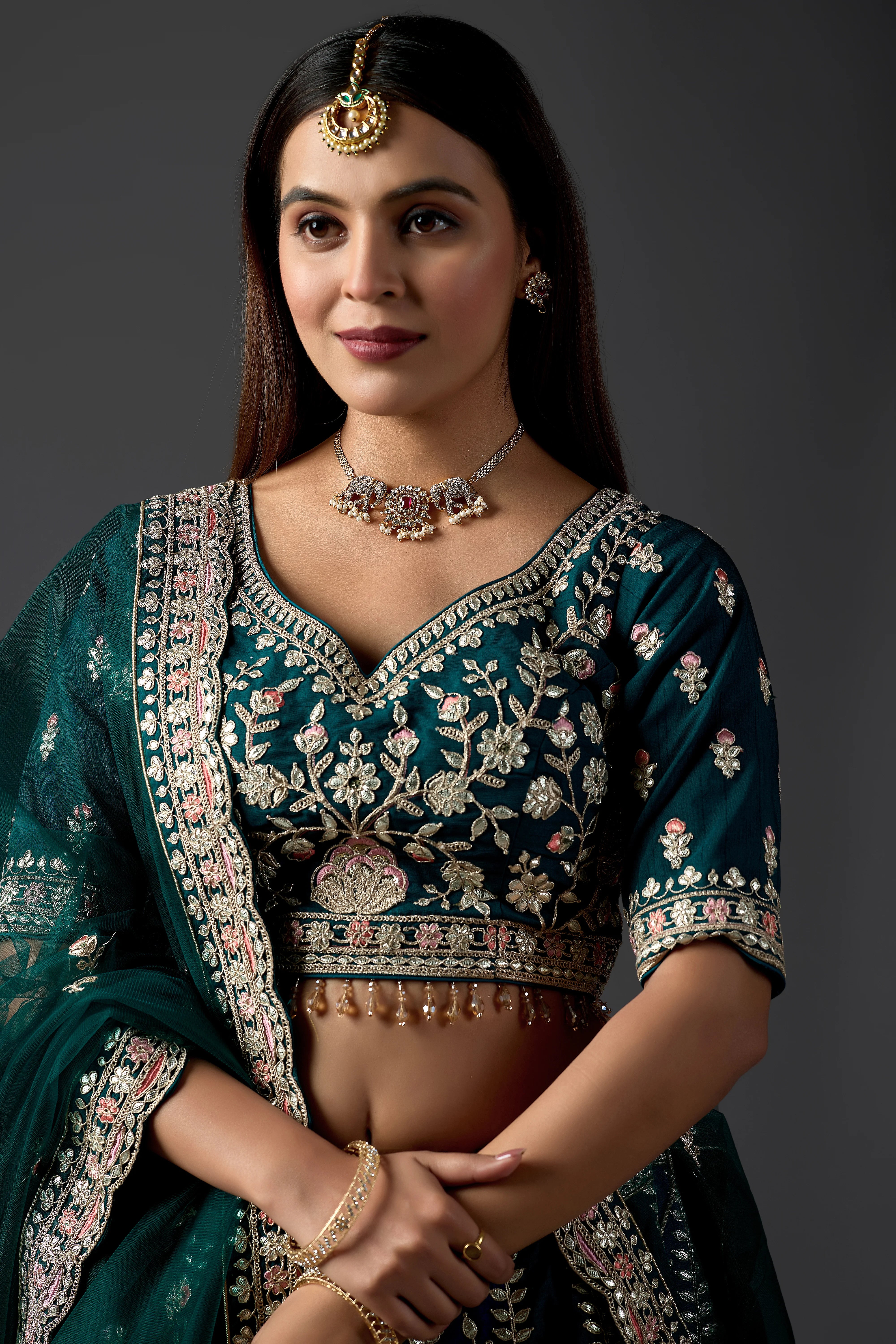 Dark Green Silk Gota Patti Lehenga Choli Set
