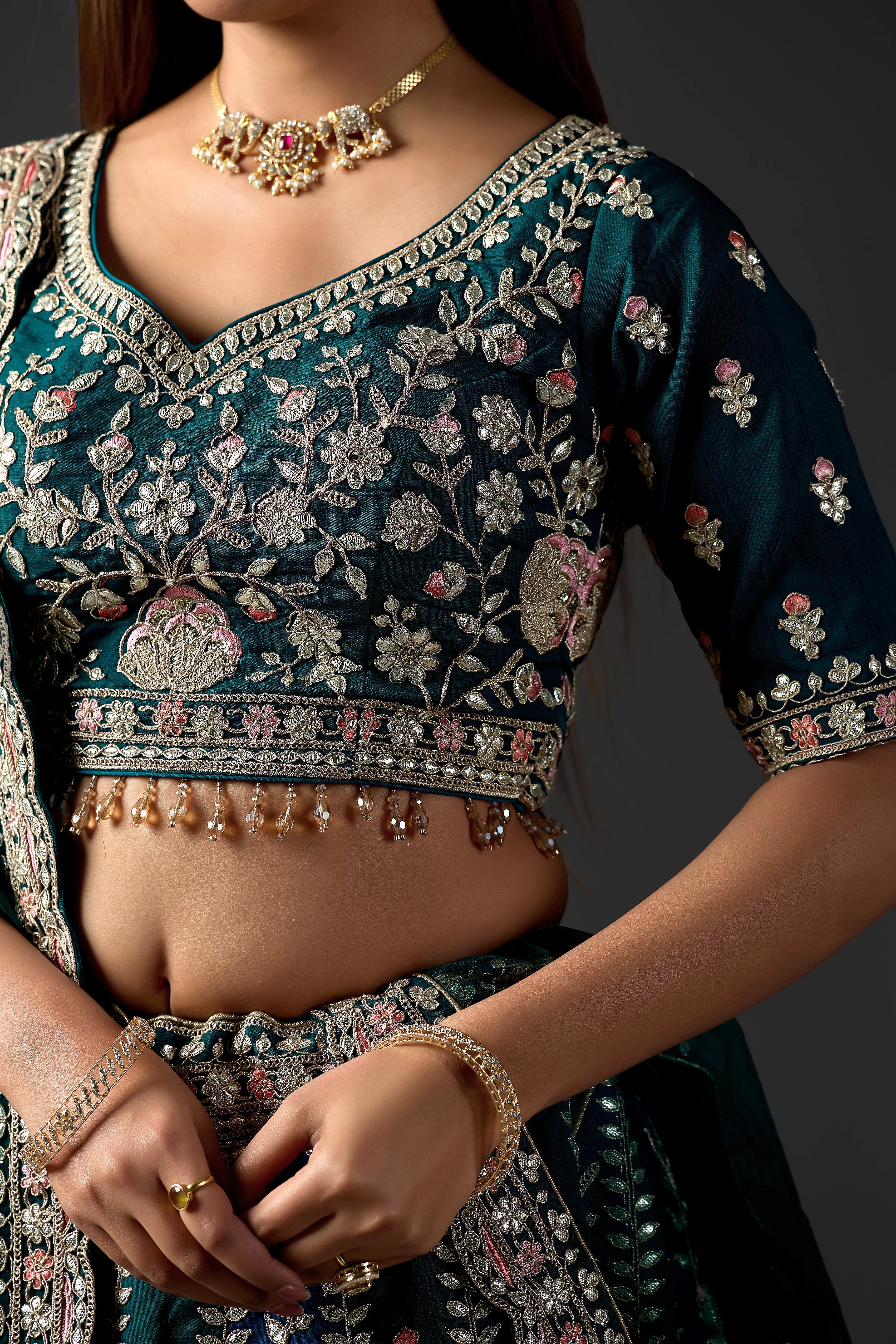 Dark Green Silk Gota Patti Lehenga Choli Set