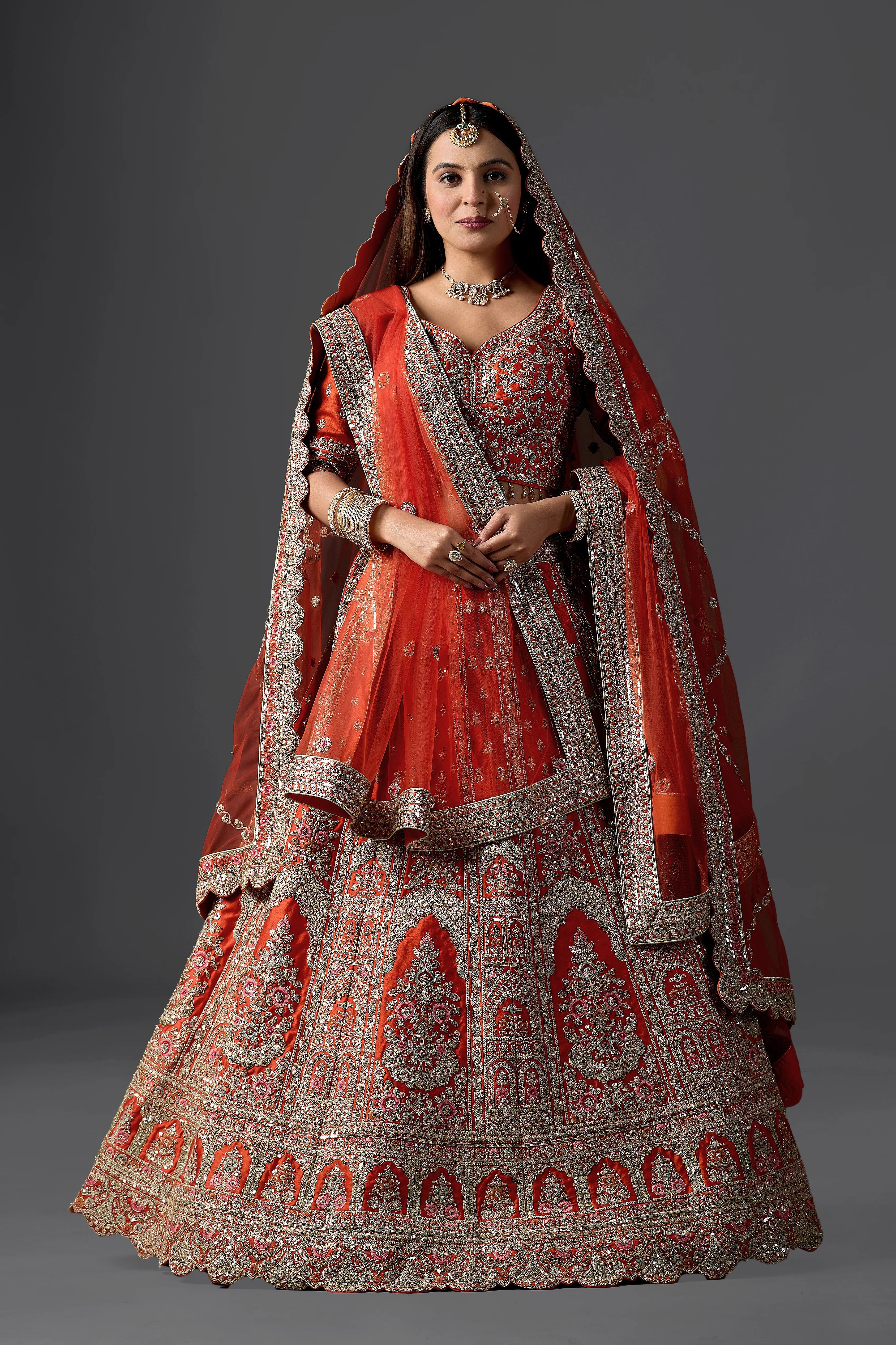 Orange Silk Embroidery, Cut Work, Sequins Zaveri Raw Bridal Lehenga Set