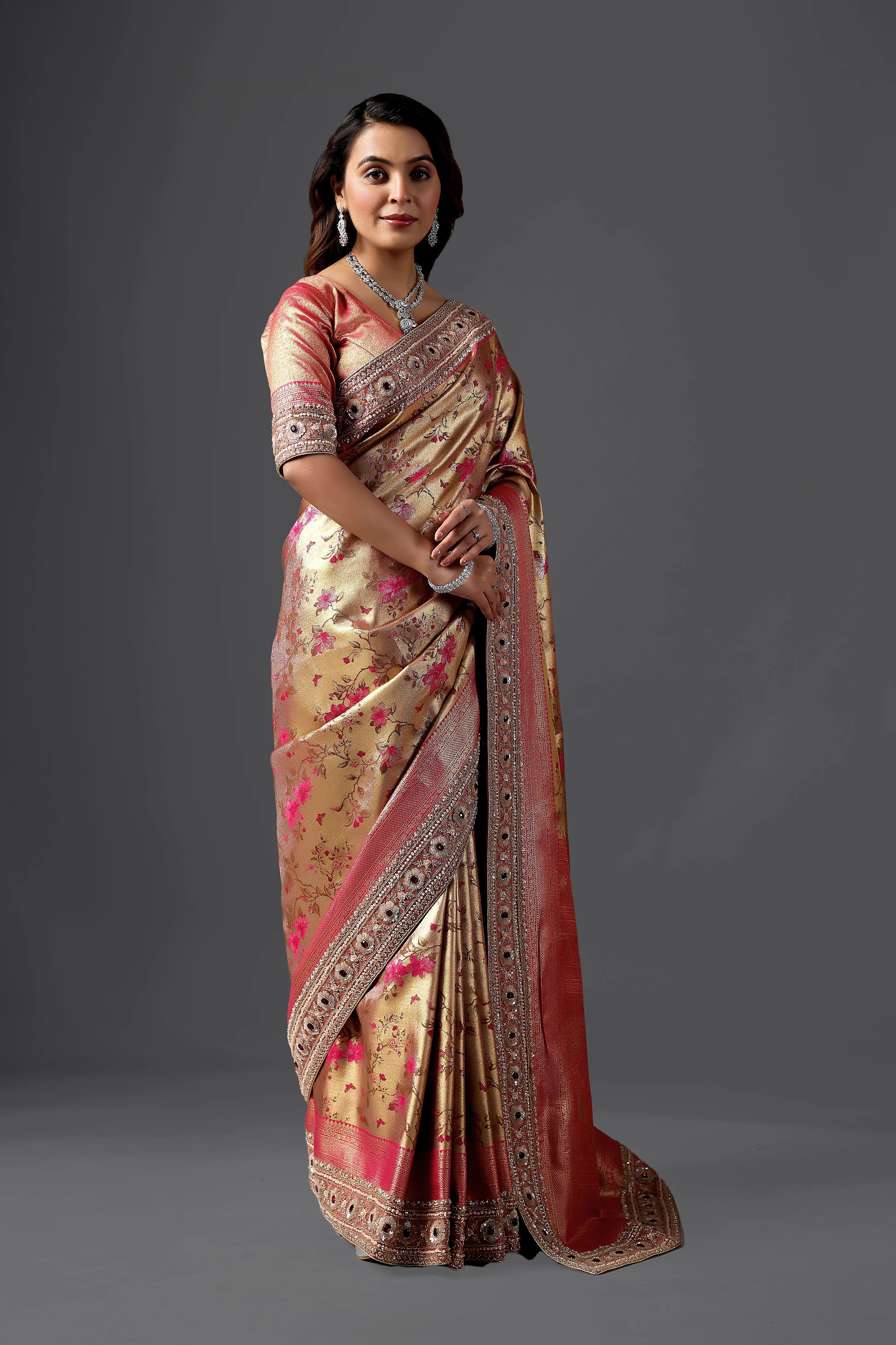 Gold Jacquard Saree With Rani Pink Floral Weaving & Intricate Embellished Border