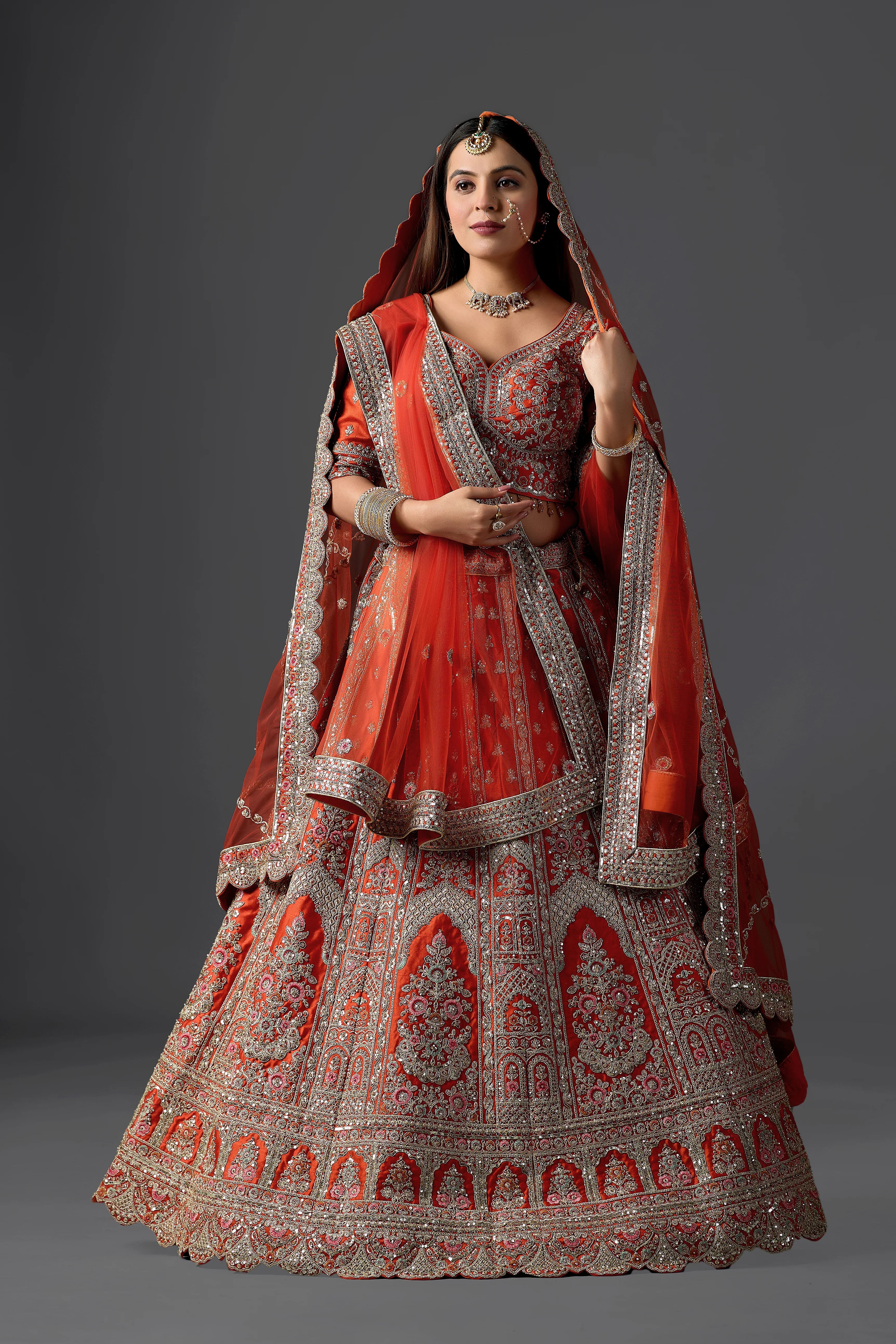 Orange Silk Embroidery, Cut Work, Sequins Zaveri Raw Bridal Lehenga Set