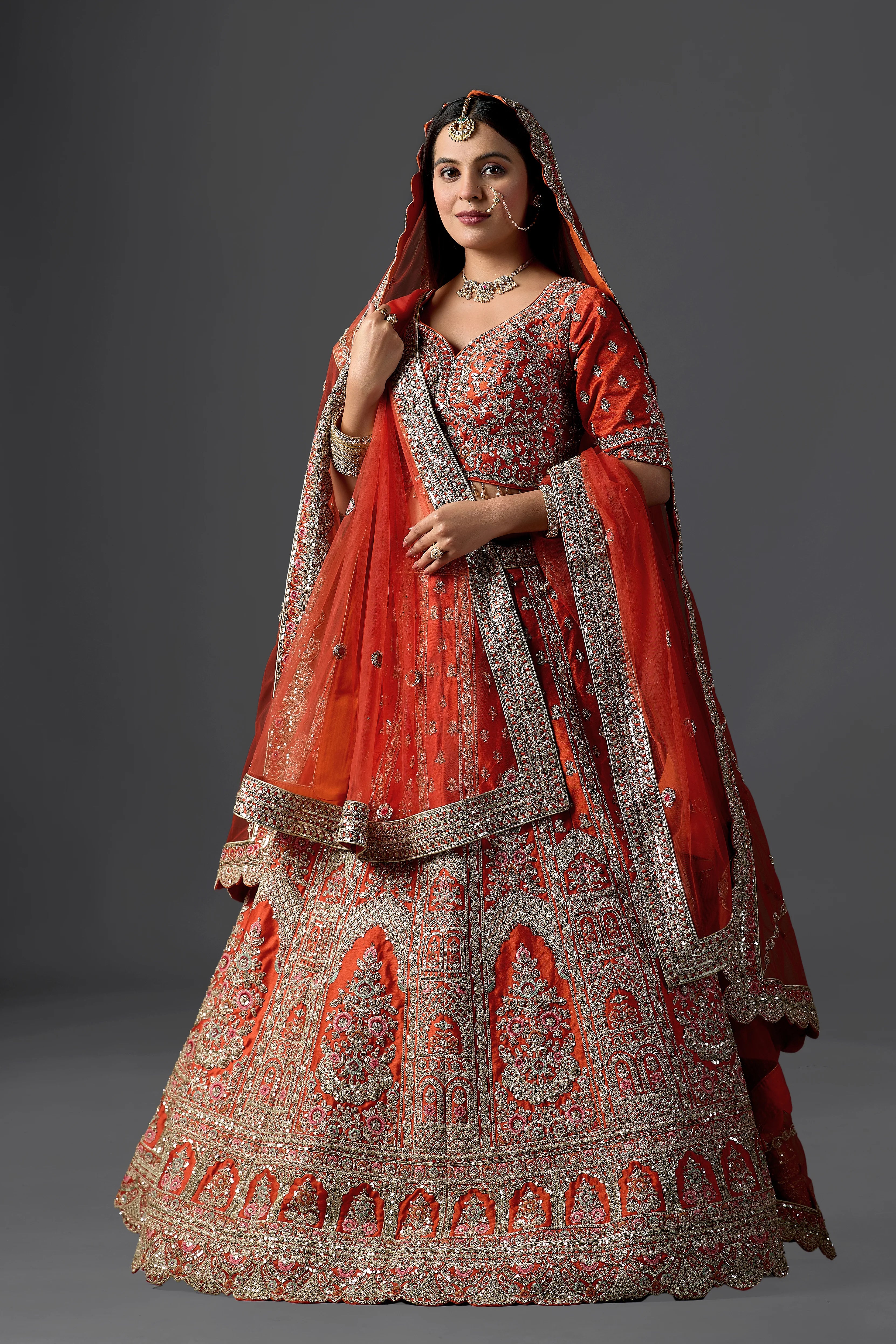Orange Silk Embroidery, Cut Work, Sequins Zaveri Raw Bridal Lehenga Set