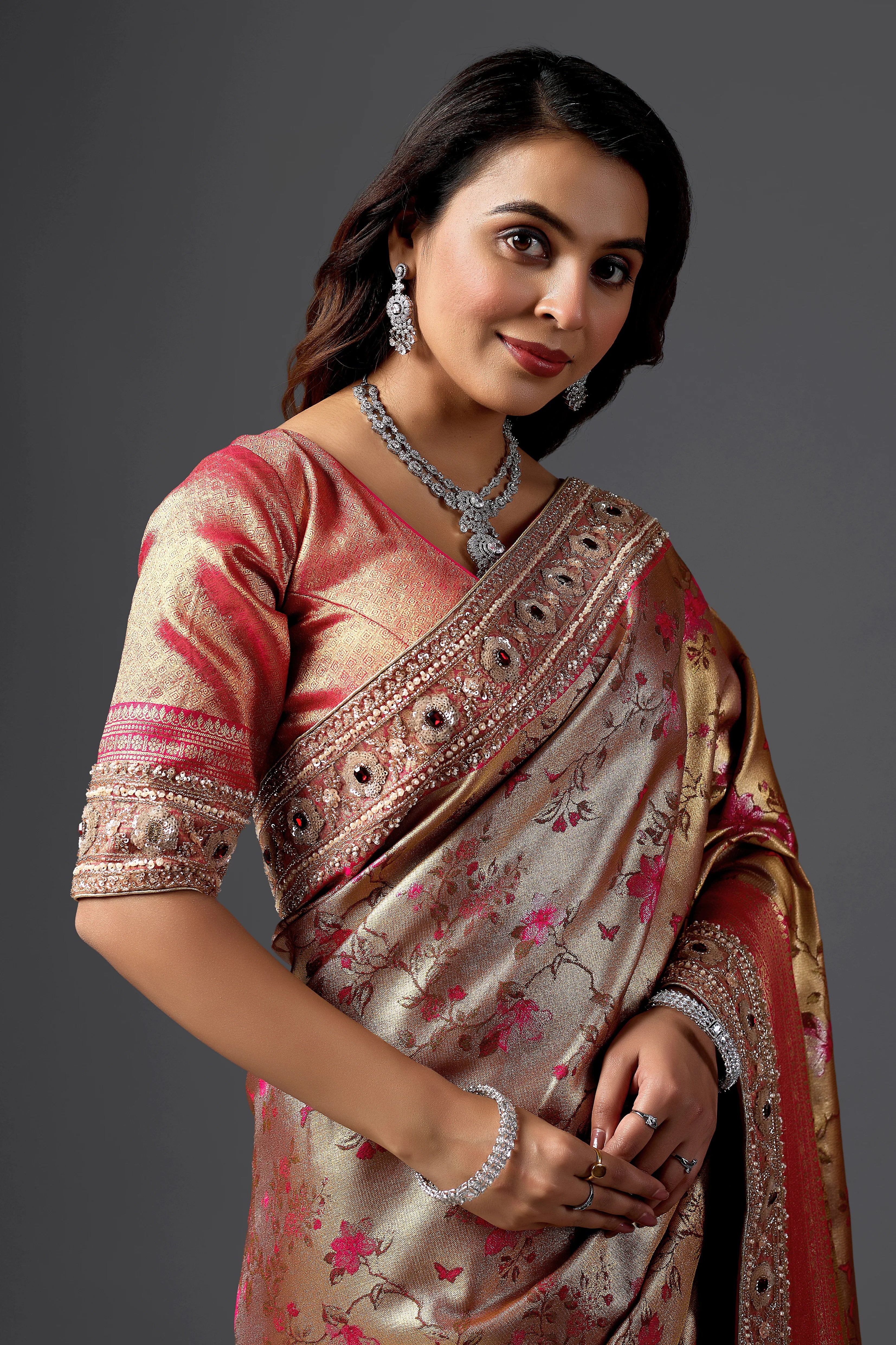 Gold Jacquard Saree With Rani Pink Floral Weaving & Intricate Embellished Border