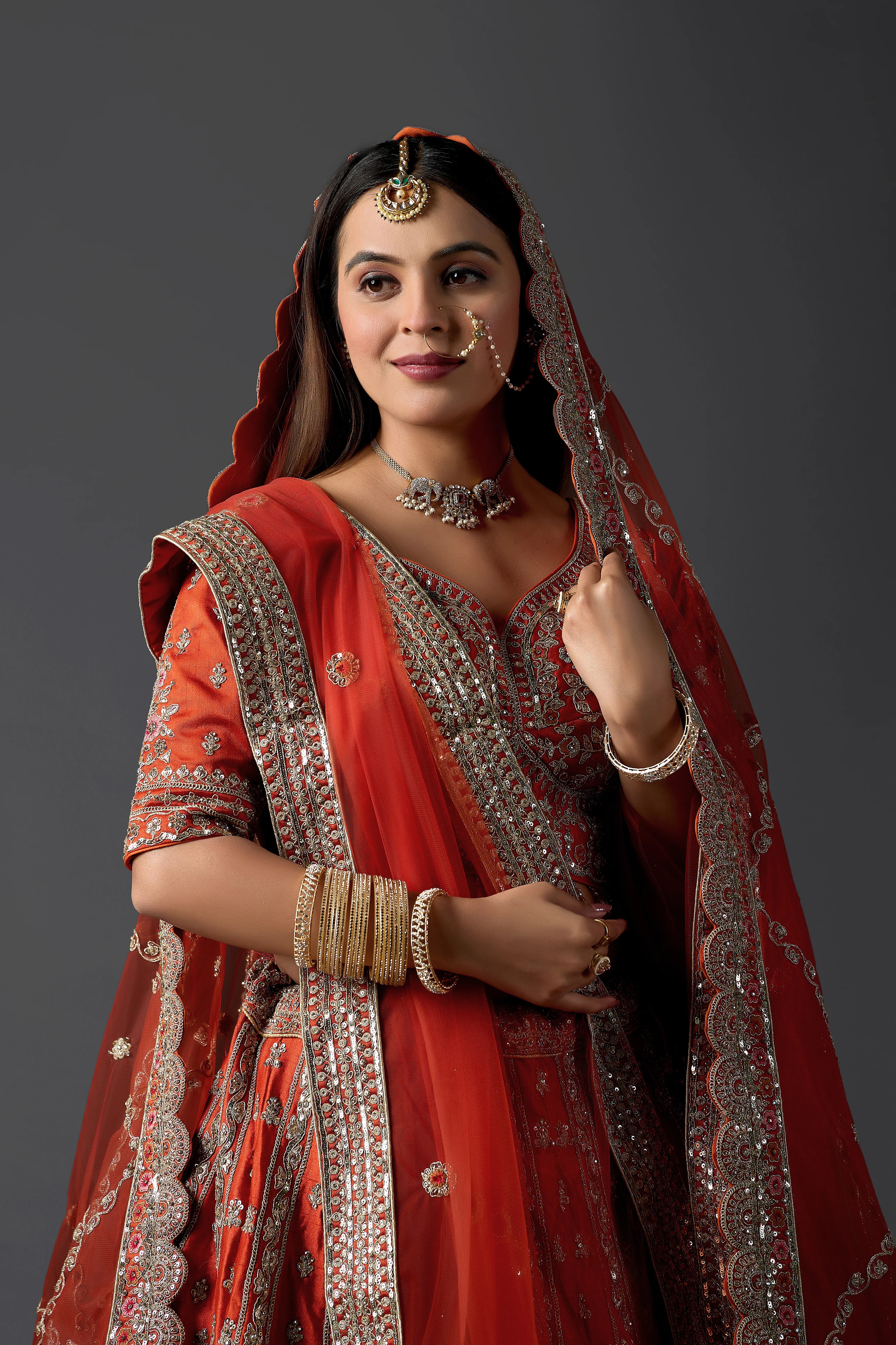 Orange Silk Embroidery, Cut Work, Sequins Zaveri Raw Bridal Lehenga Set