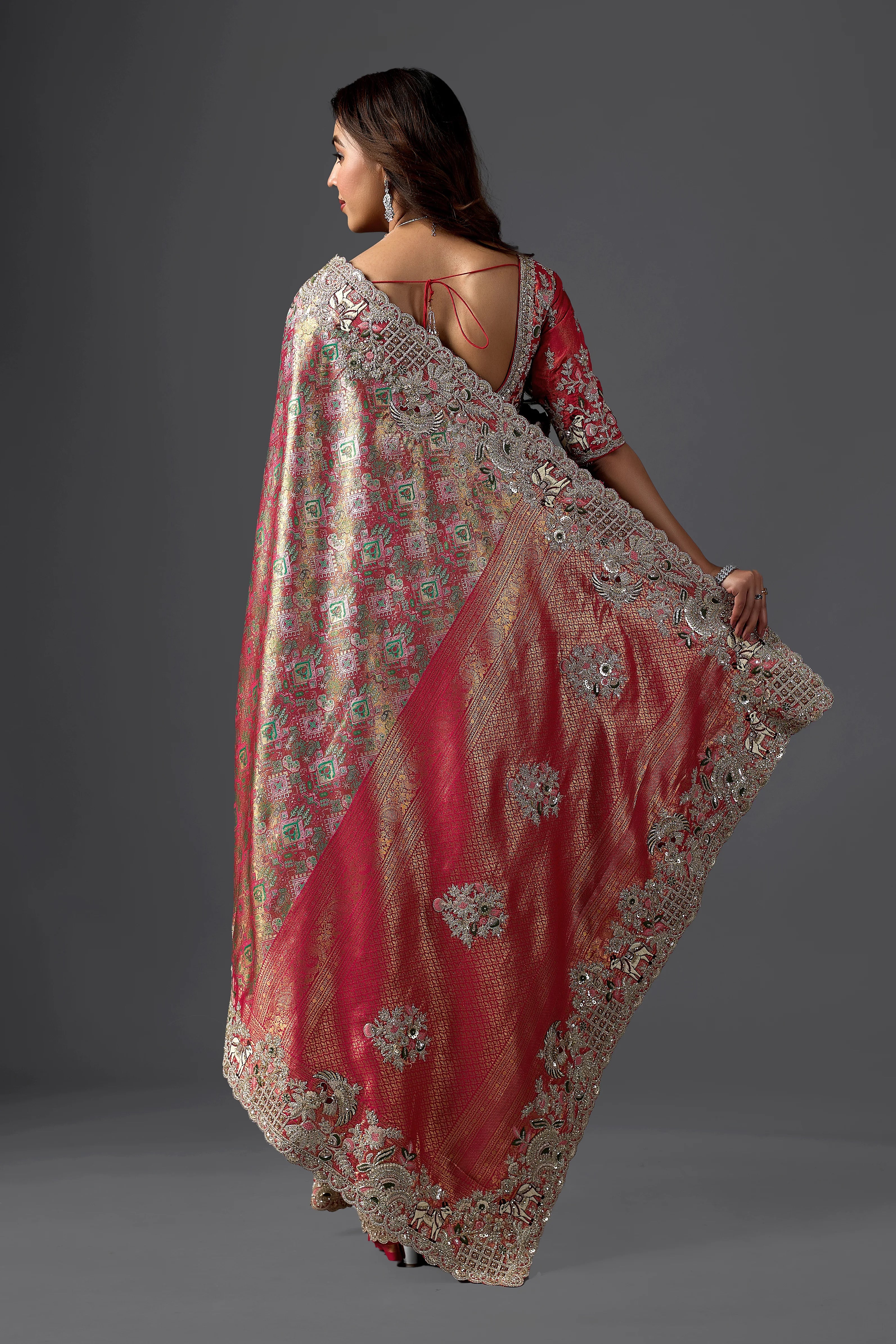 Rani Pink Jacquard Silk Saree with Heavy Handcrafted Border