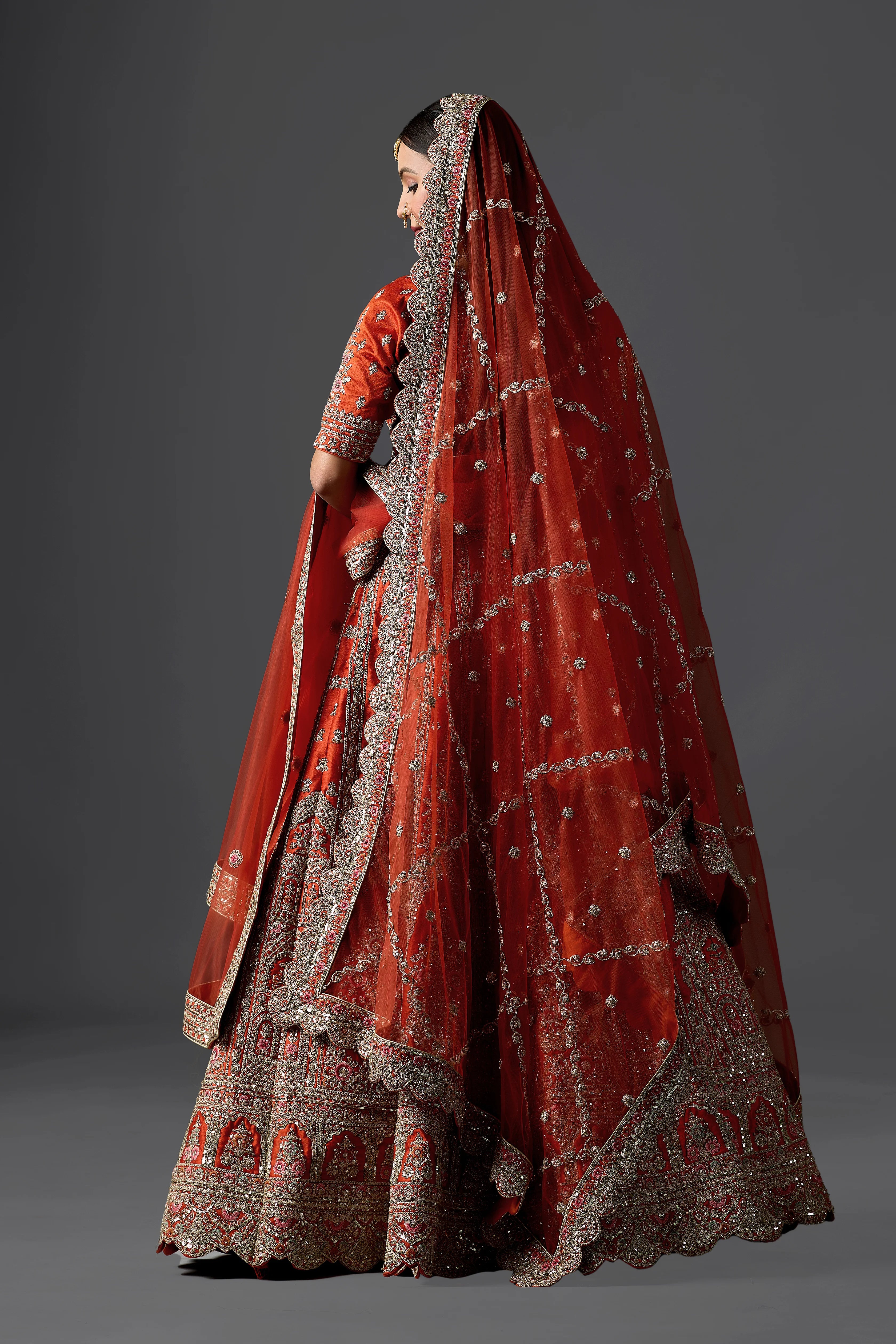 Orange Silk Embroidery, Cut Work, Sequins Zaveri Raw Bridal Lehenga Set