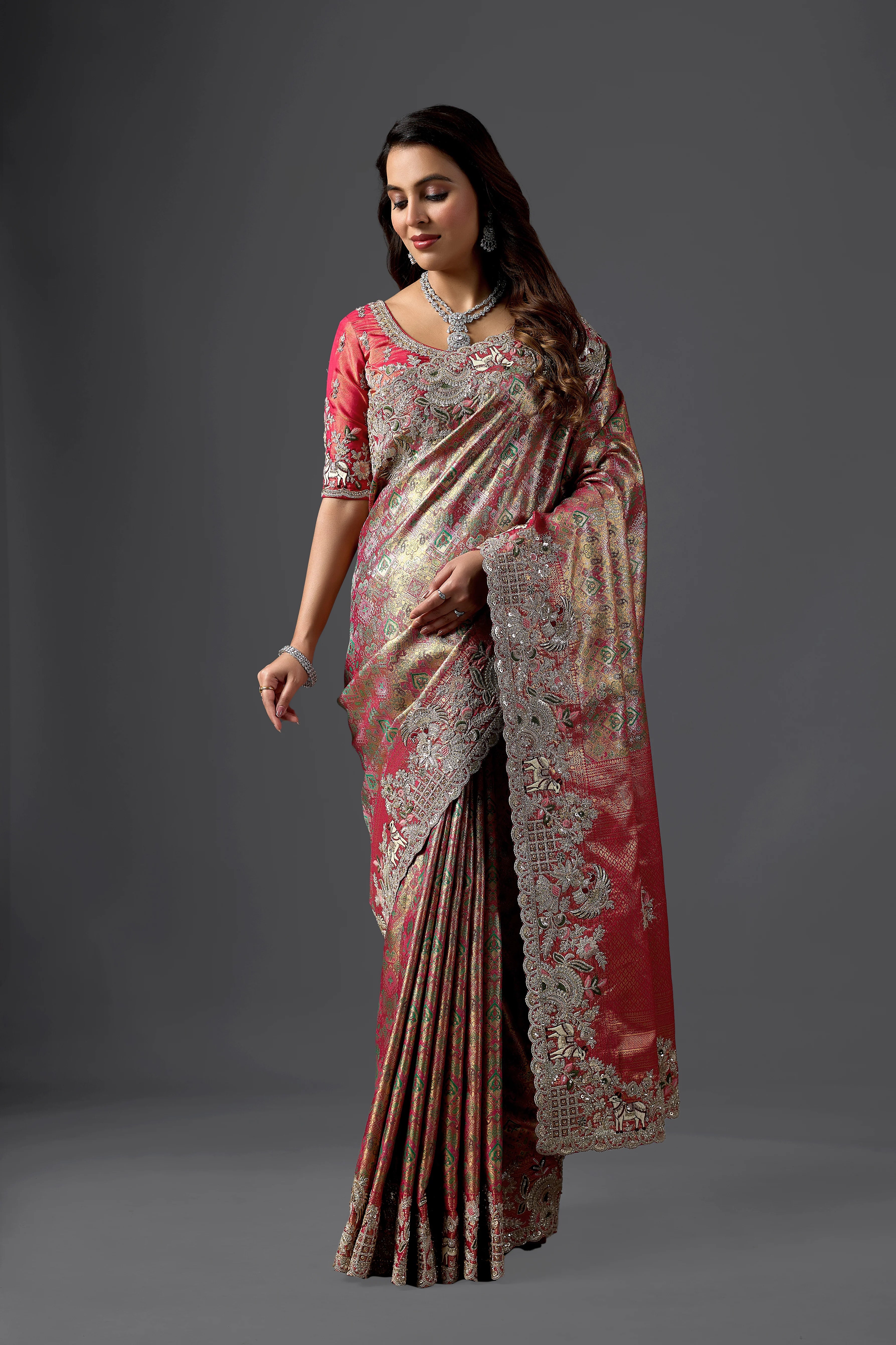 Rani Pink Jacquard Silk Saree with Heavy Handcrafted Border