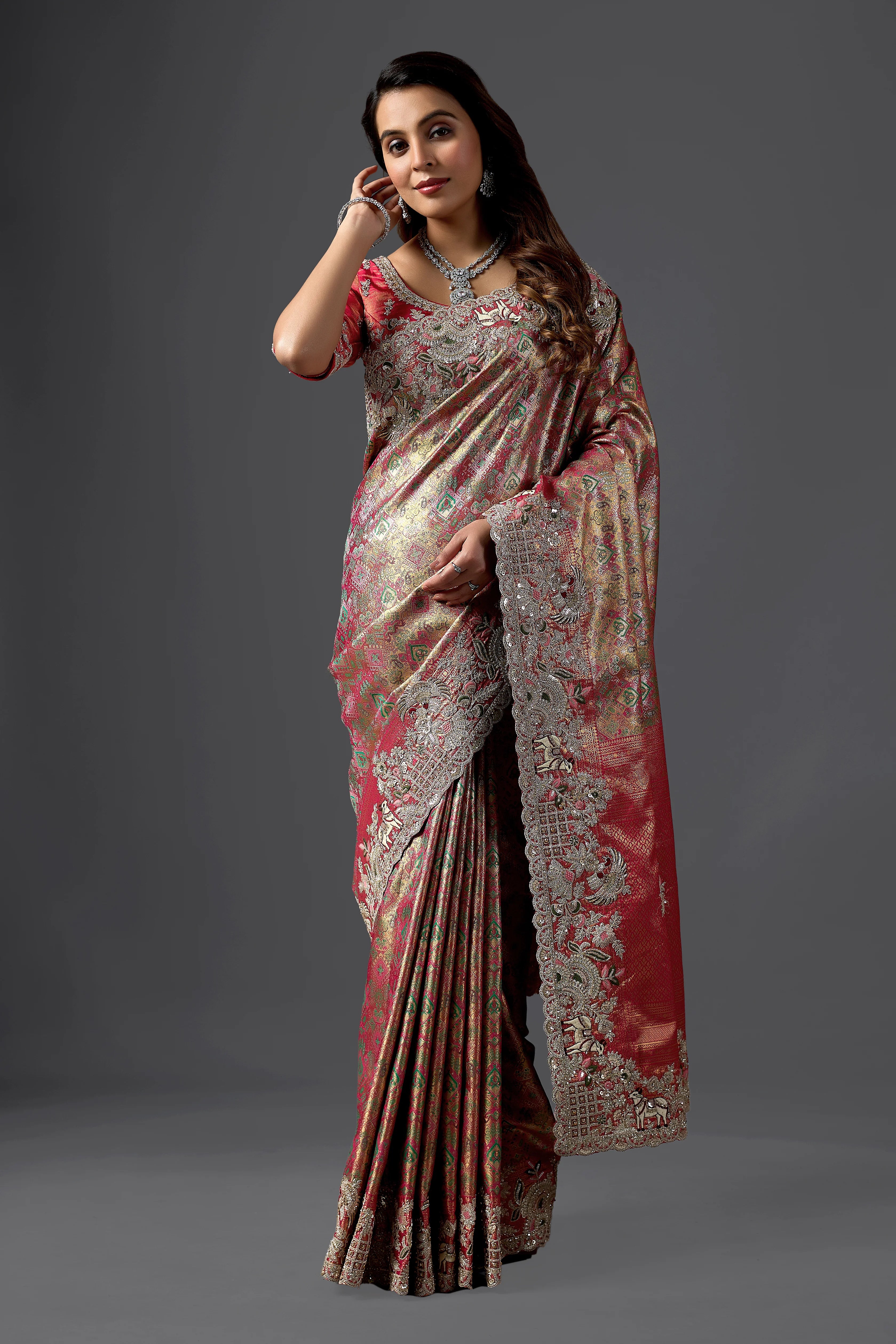 Rani Pink Jacquard Silk Saree with Heavy Handcrafted Border