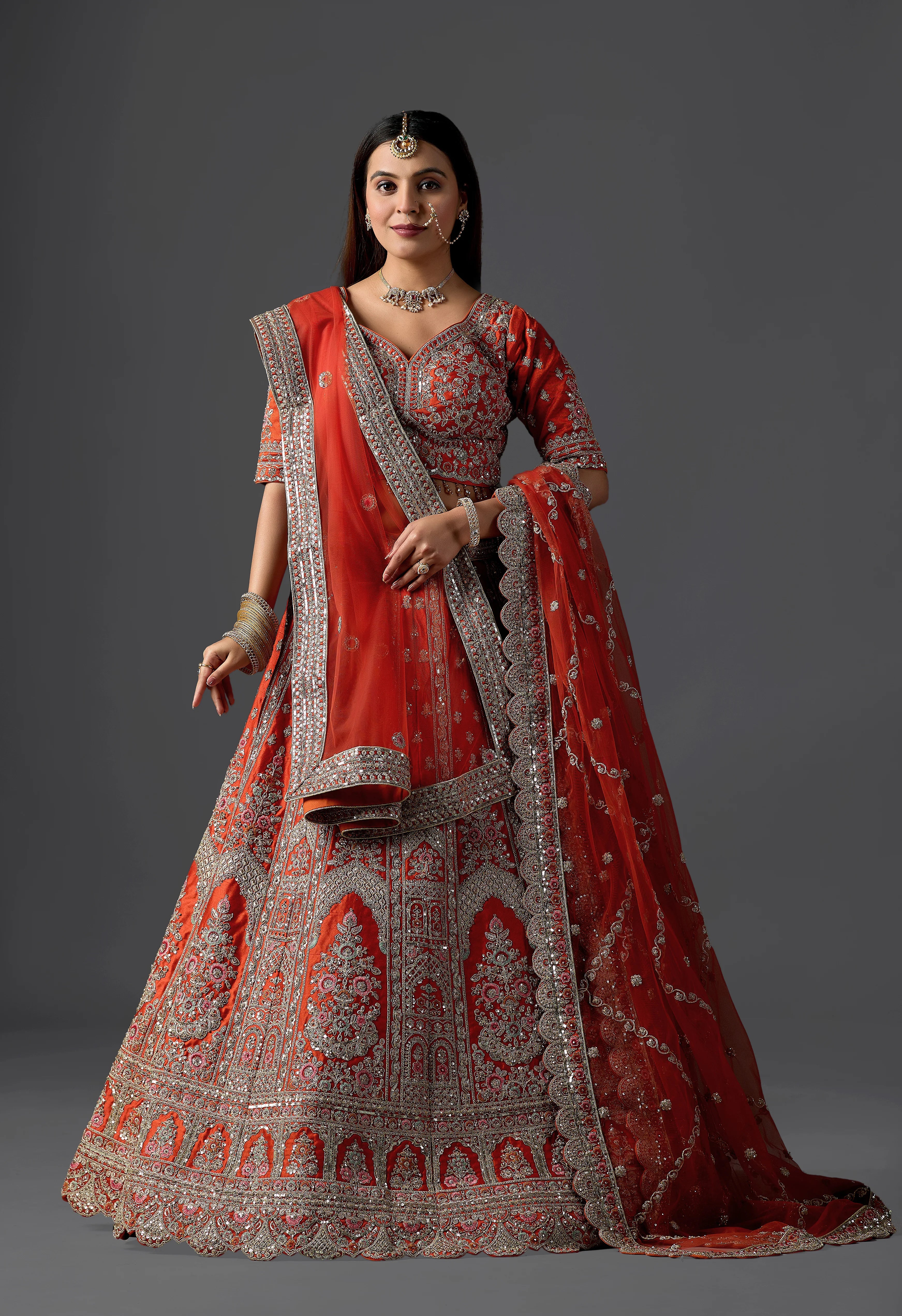 Orange Silk Embroidery, Cut Work, Sequins Zaveri Raw Bridal Lehenga Set