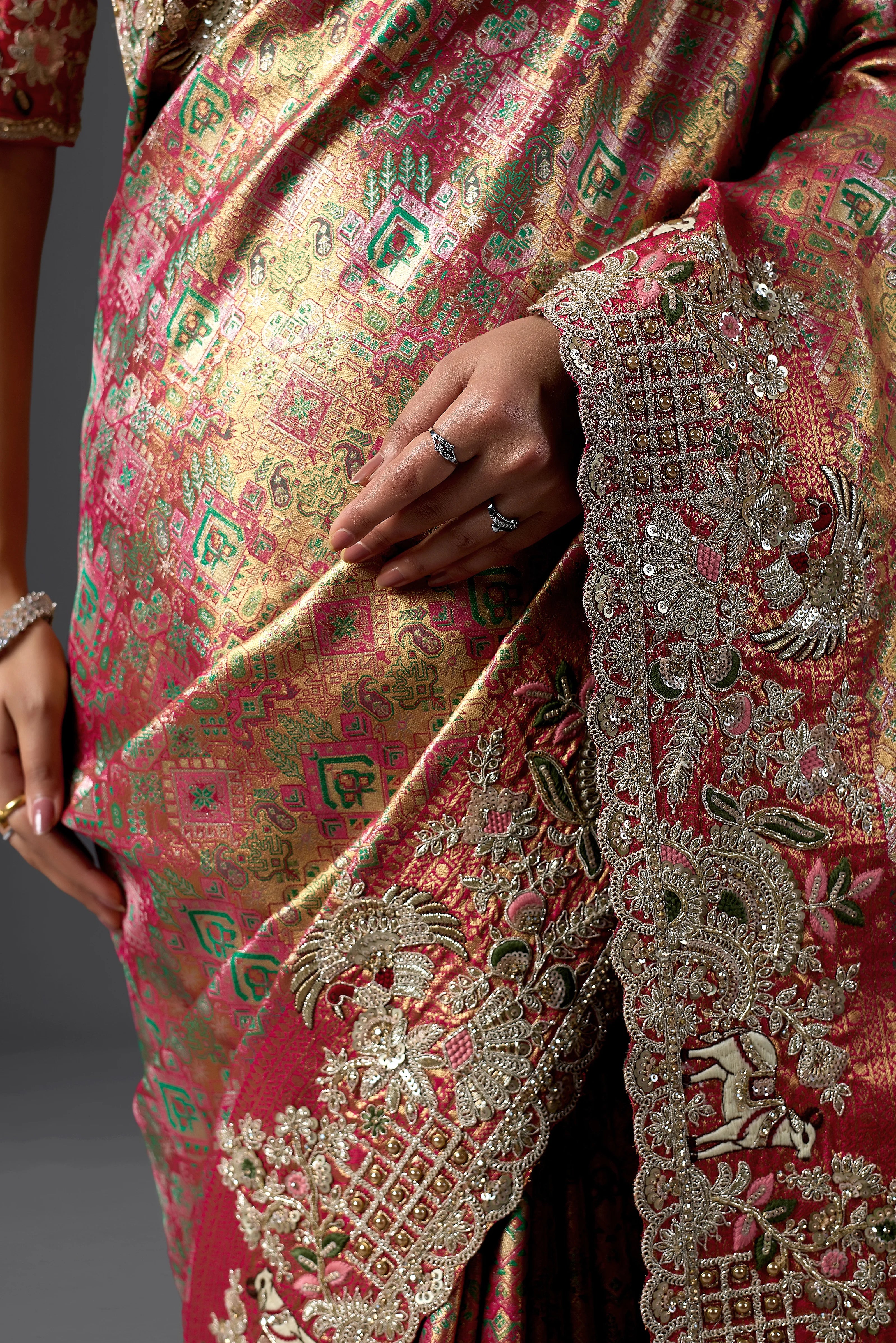 Rani Pink Jacquard Silk Saree with Heavy Handcrafted Border